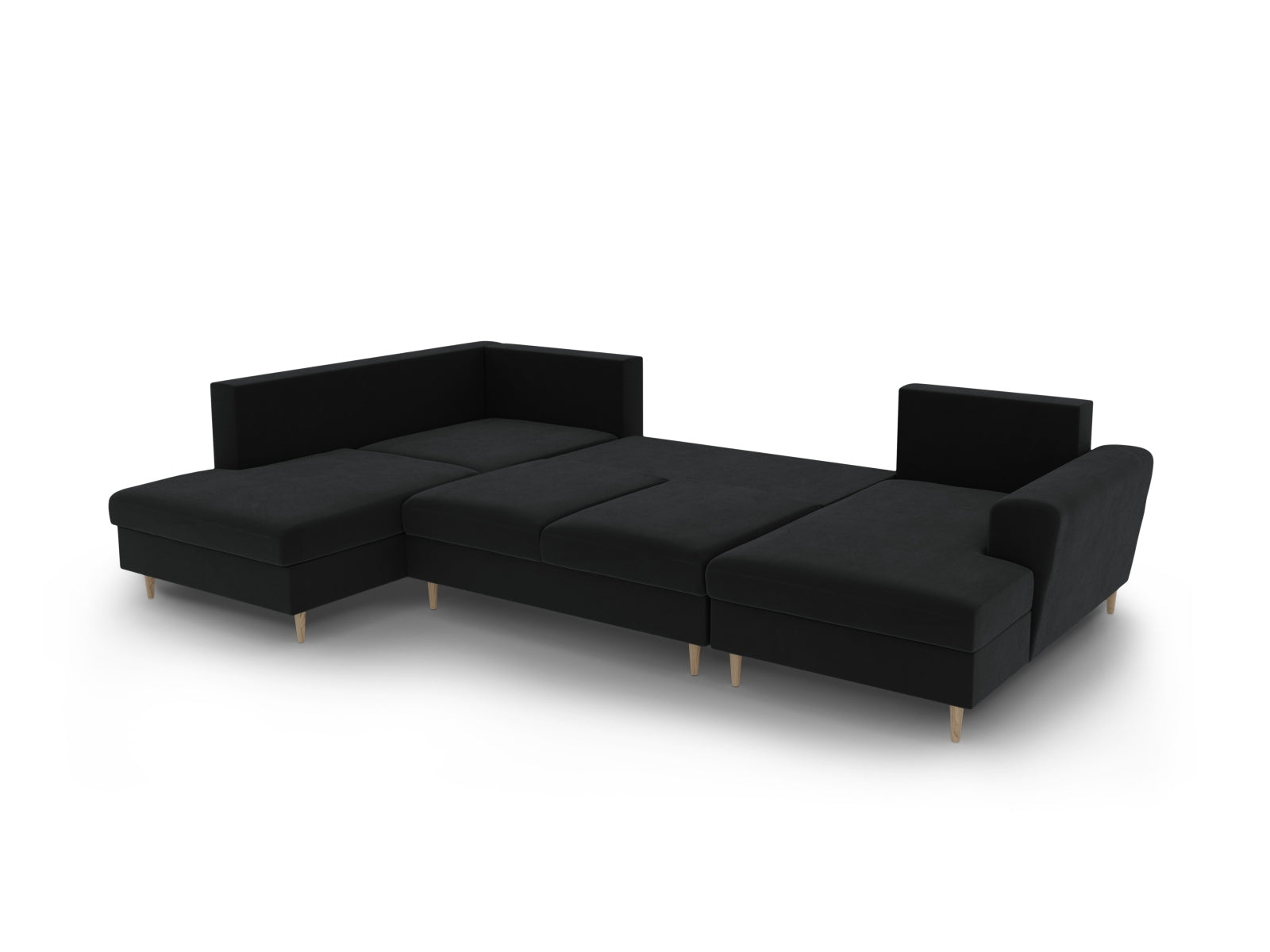 Stylisches Kyoto Velour Panoramic Sofa in Schwarz, 7-Sitzer mit praktischem Stauraum und umwandelbarer Schlaffunktion für entspannte Abende.