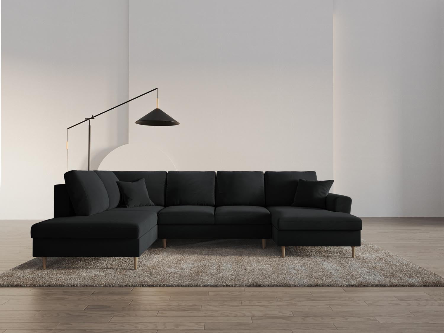 Stylisches Kyoto Velour Panoramic Sofa in Schwarz, 7-Sitzer mit praktischem Stauraum und komfortabler Schlaffunktion für Gäste.