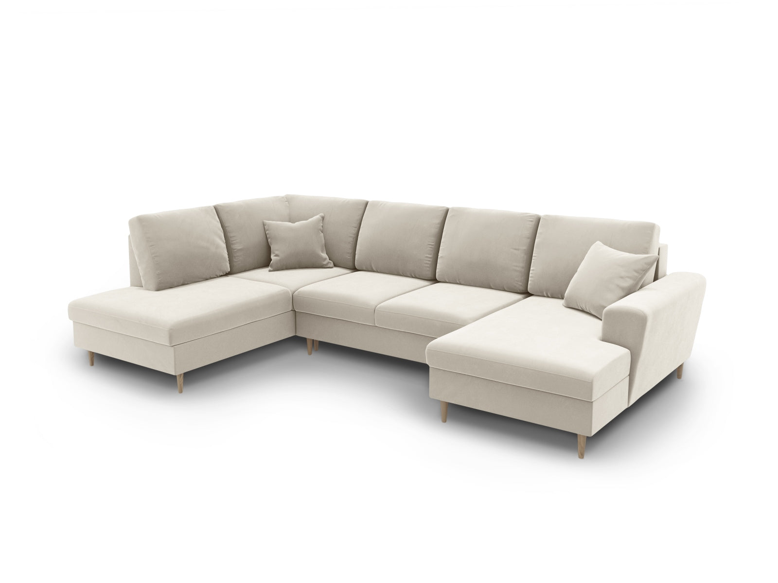 Stilvolles Kyoto Velour Panoramic Sofa in hellem Beige, 7-Sitzer mit integriertem Stauraum und ausziehbarer Schlaffunktion für Gäste.
