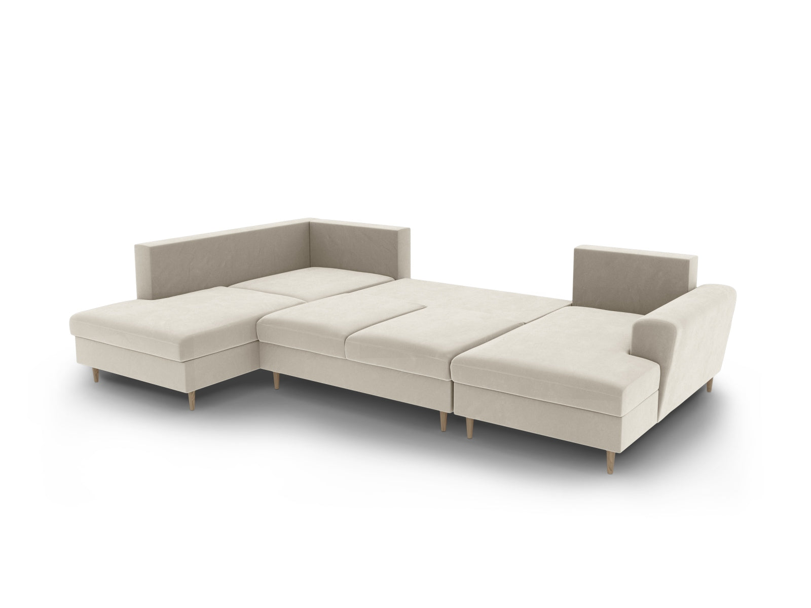 Elegantes 7-Sitzer Sofa Kyoto in hellem Velours, mit Stauraum und Schlaffunktion, ideal für stilvolle Wohnräume.