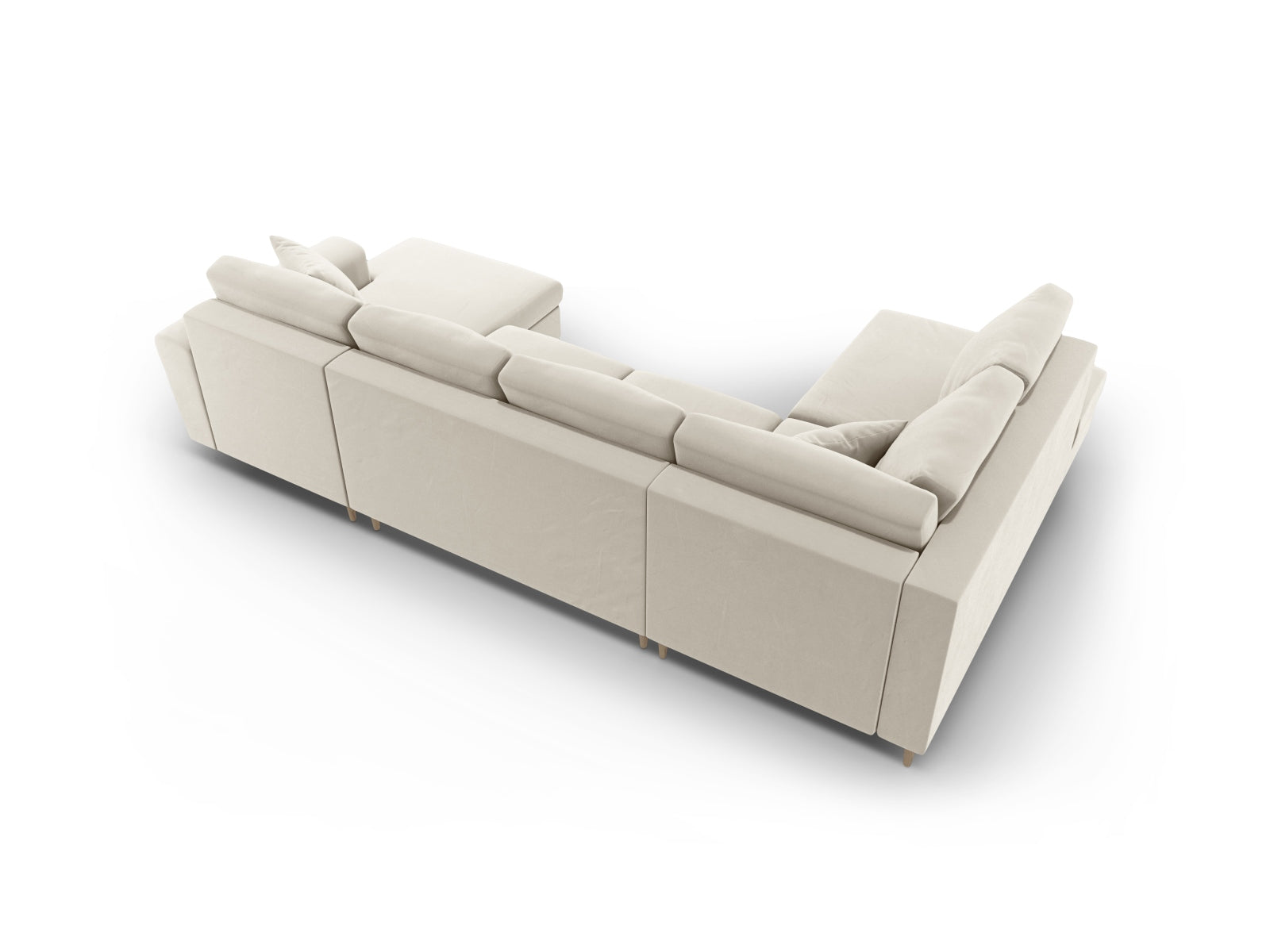 Modernes 7-Sitzer Bettsofa Kyoto in sanftem Velours, bietet praktischen Stauraum und eine komfortable Schlaffunktion für Gäste.