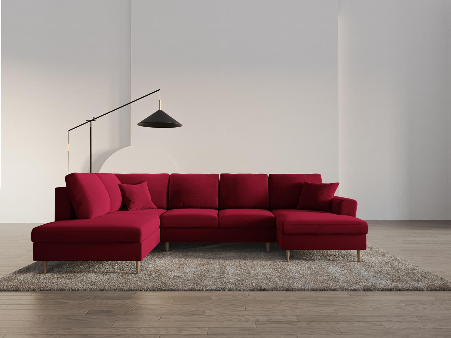 Elegantes Kyoto Velour Panoramic Sofa in Rot, 7-Sitzer mit praktischem Stauraum und flexibler Schlaffunktion für gemütliche Abende.