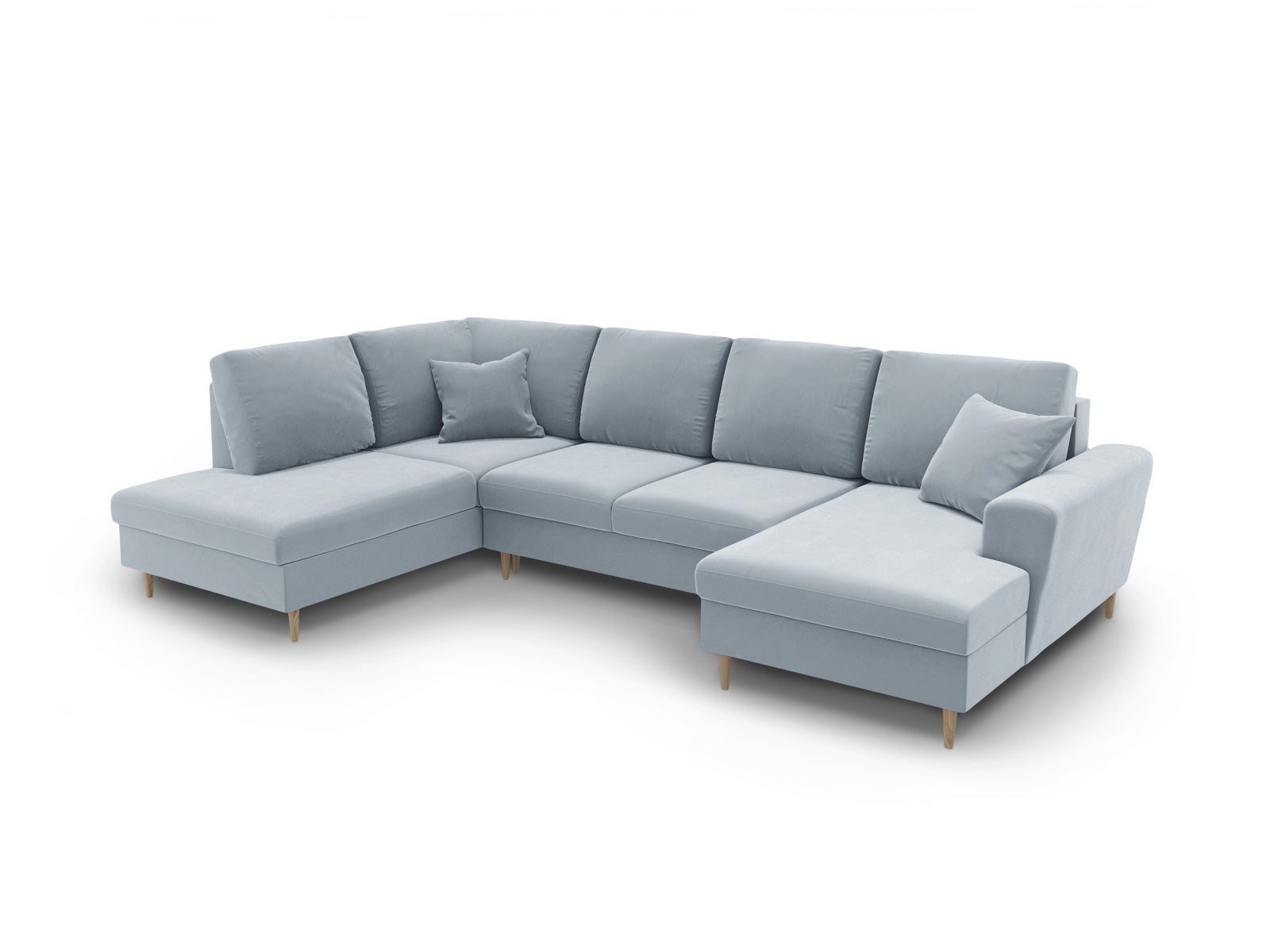 Elegantes 7-Sitzer Kyoto Velour Sofa in sanftem Hellblau, bietet Stauraum und eine komfortable Schlaffunktion für entspannte Abende.