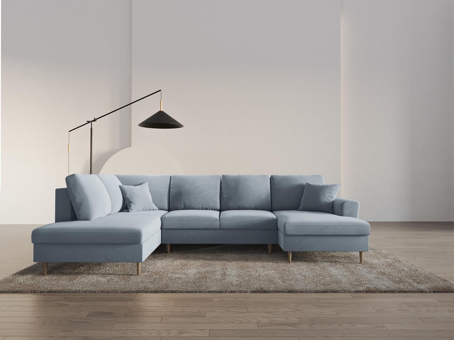 Stylisches Kyoto Velour Panoramic Sofa in zartem Hellblau, 7-Sitzer mit praktischem Stauraum und Schlaffunktion für gemütliche Nächte.