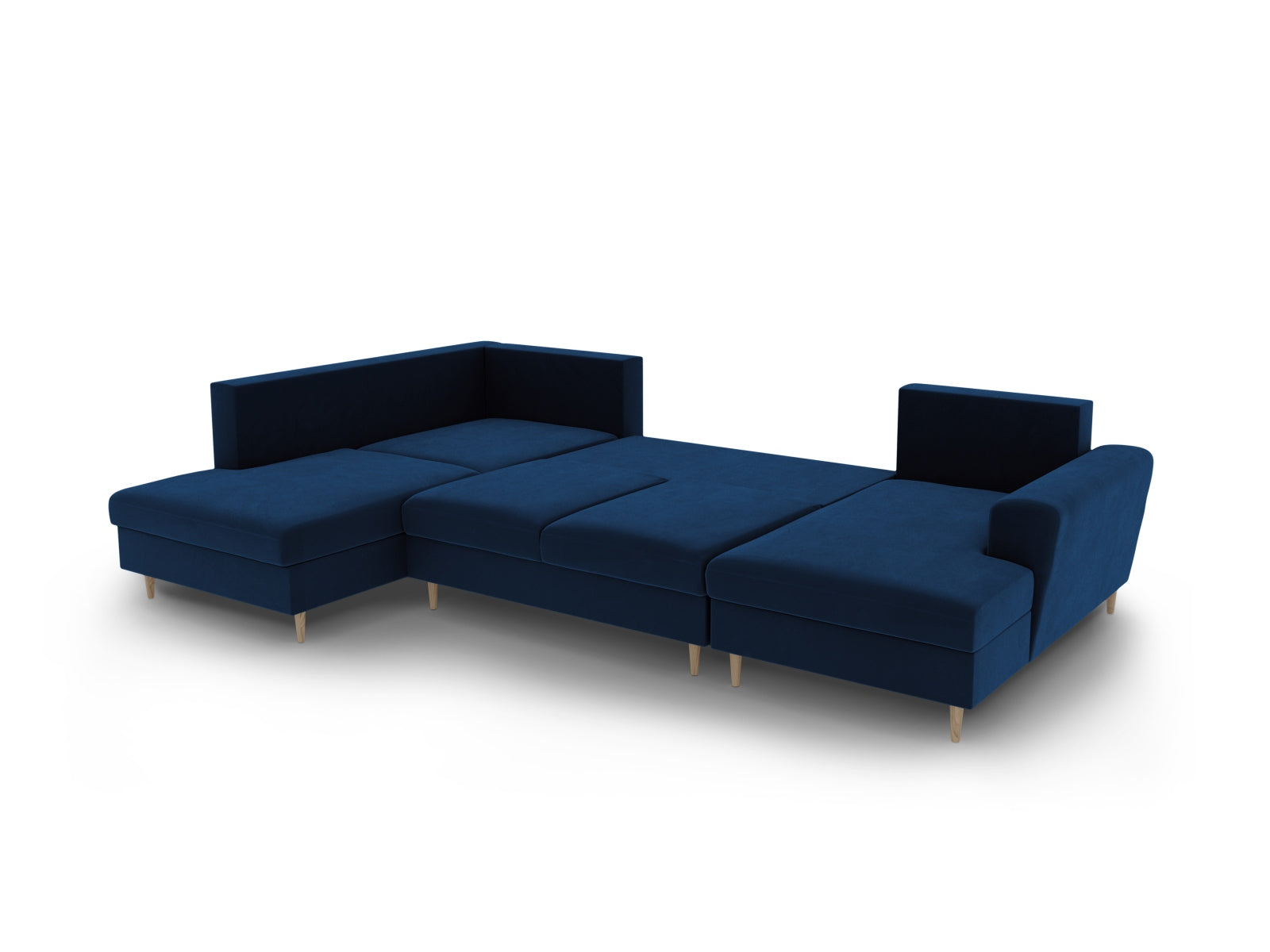 Stilvolles Kyoto Velour Panoramic Sofa in Royal Blue-Riviera, 7-Sitzer mit praktischem Stauraum und komfortabler Schlafoption für Gäste.