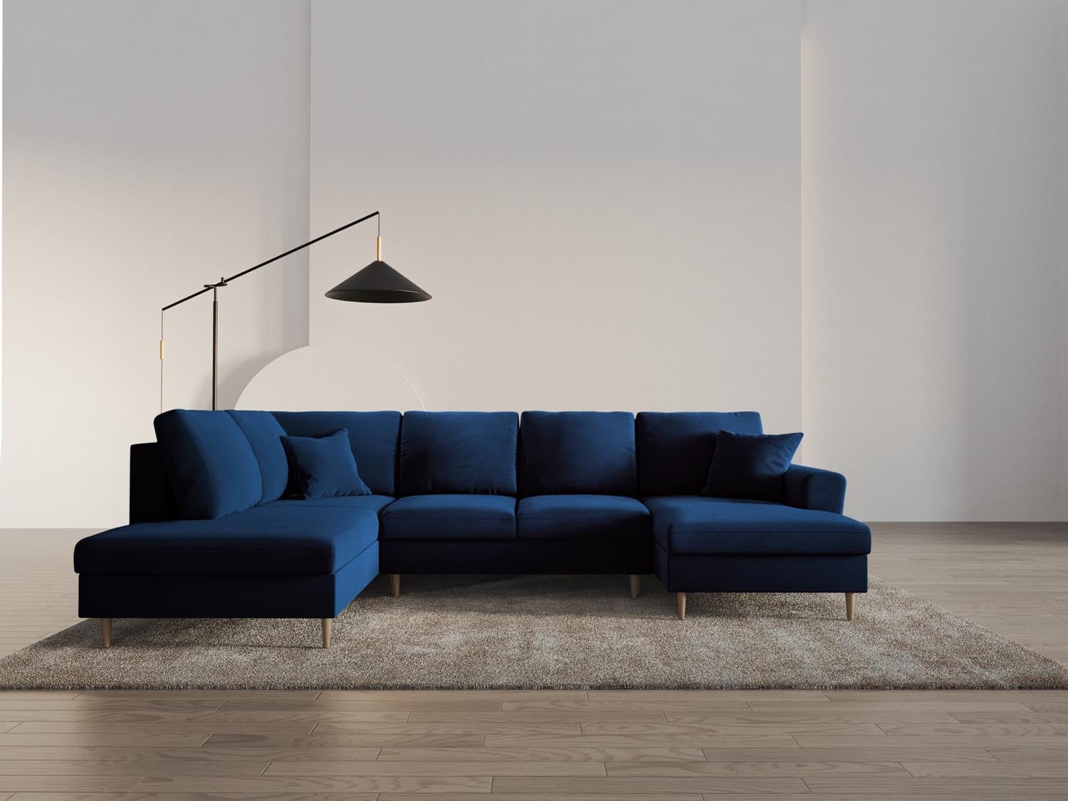 Stilvolles Kyoto Velour Panoramic Sofa in Royal Blue-Riviera, 7-Sitzer mit praktischem Stauraum und komfortabler Schlafoption für Gäste.