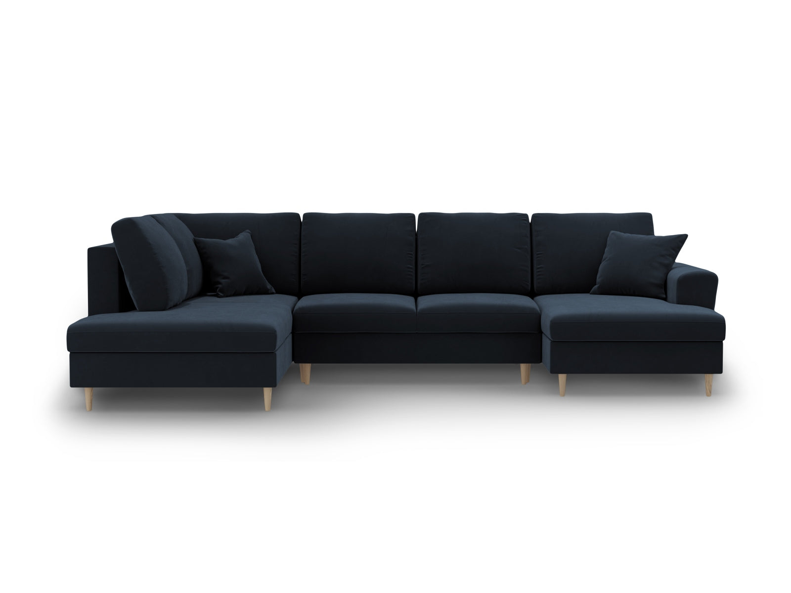 Elegantes Kyoto Velour Panoramic Sofa in Dunkelblau, 7-Sitzer mit cleverem Stauraum und flexibler Schlaffunktion für zusätzlichen Komfort.