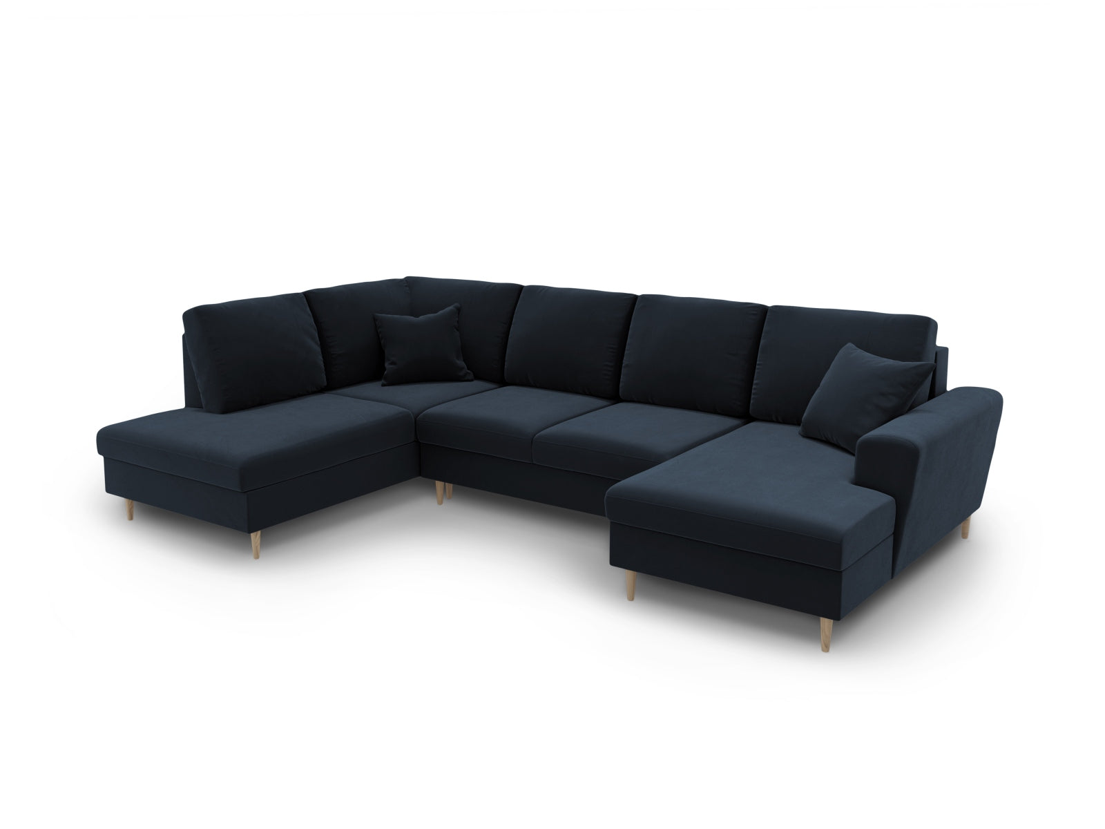 Elegantes Kyoto Velour Panoramic Sofa in edlem Blau, 7-Sitzer mit cleverem Stauraum und flexibler Schlaffunktion für gemütliche Abende.