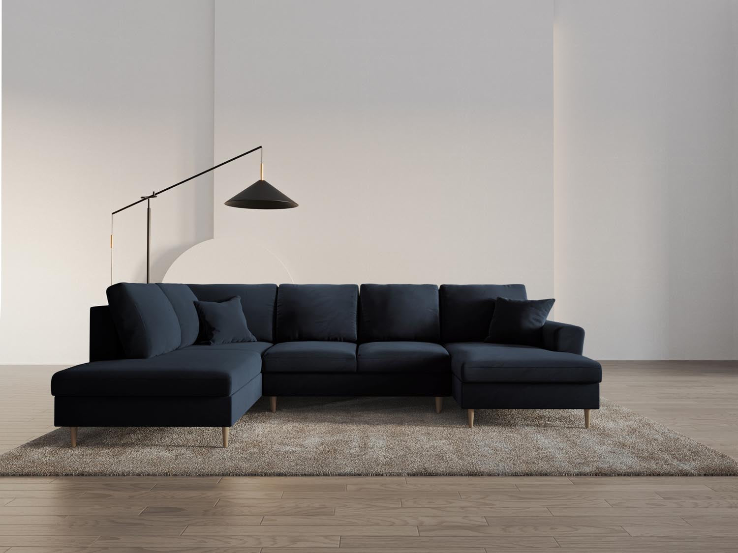 Stilvolles Kyoto Velour Panoramic Sofa in tiefem Blau, 7-Sitzer mit praktischem Stauraum und umwandelbarer Schlaffunktion für entspannte Nächte.