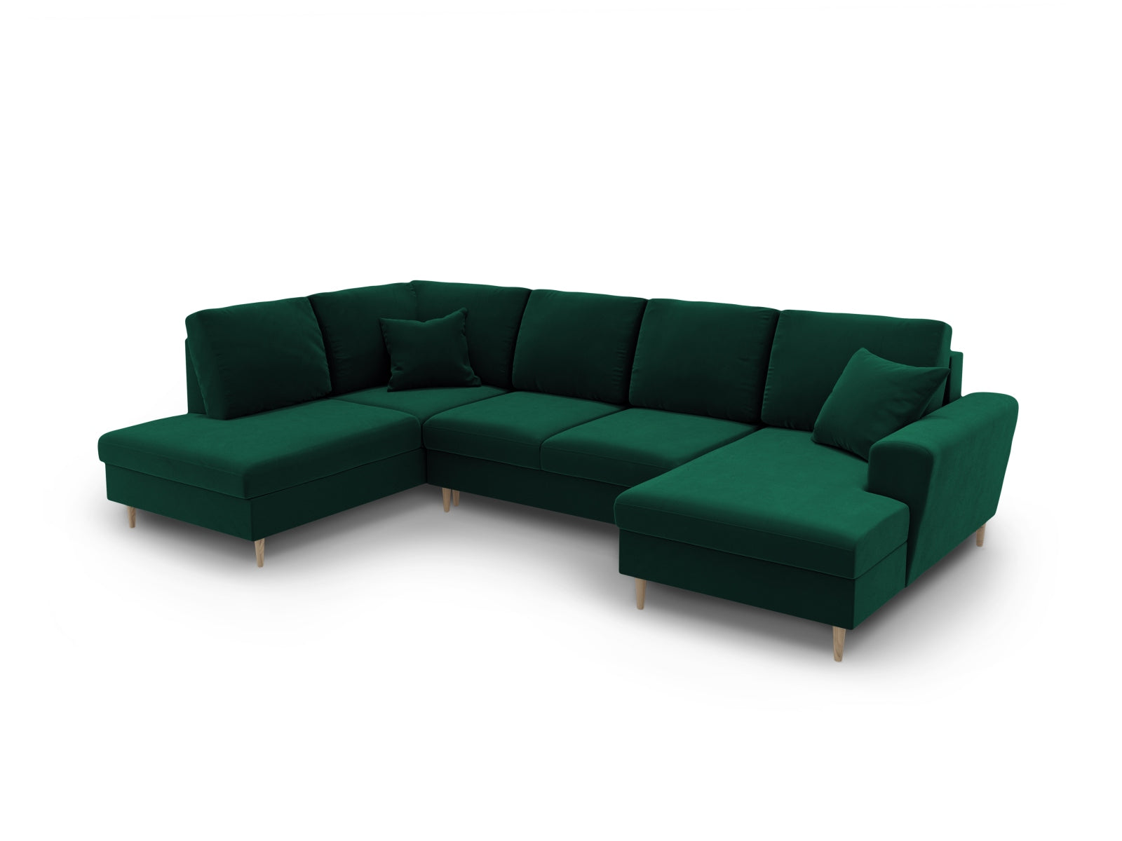 Elegantes Kyoto Velour Panoramic Sofa in sattem Grün, 7-Sitzer mit cleverem Stauraum und gemütlicher Schlaffunktion für Übernachtungsgäste.