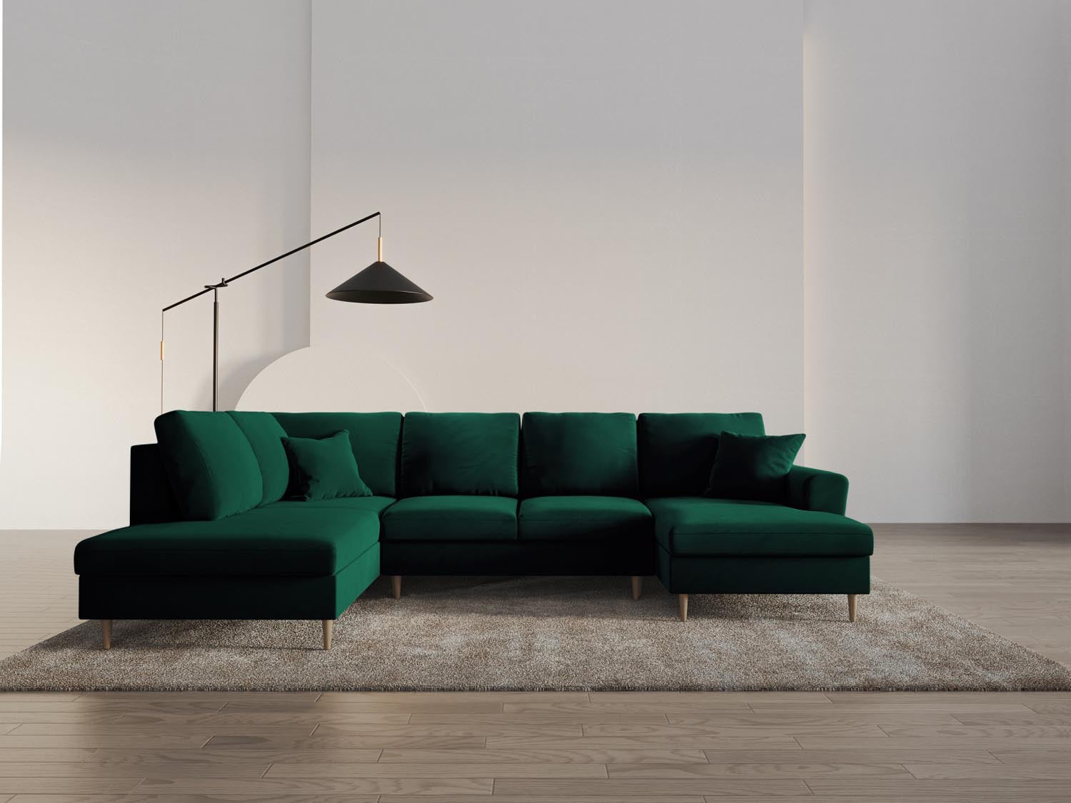 Stilvolles Kyoto Velour Panoramic Sofa in tiefem Grün, 7-Sitzer mit praktischem Stauraum und komfortabler Schlaffunktion für Gäste.