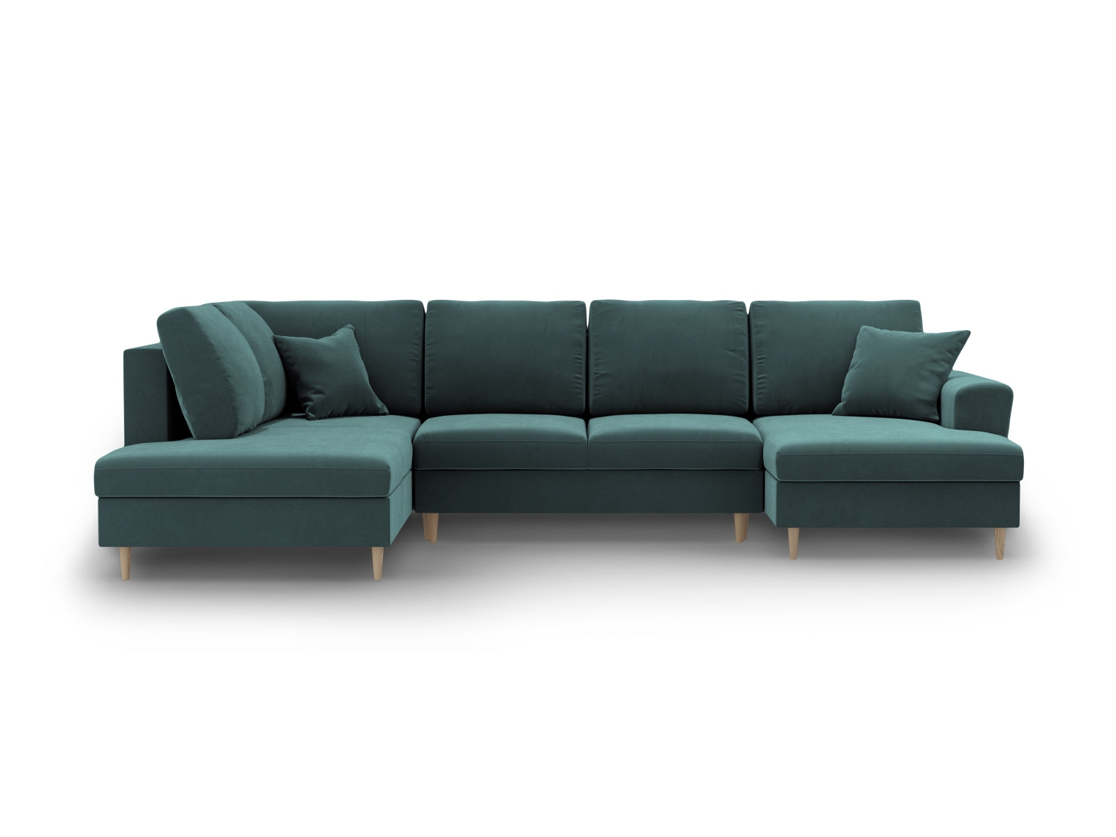 Elegantes Kyoto Velour Panoramic Sofa in Petrol-Riviera, 7-Sitzer mit cleverem Stauraum und gemütlicher Schlaffunktion für entspannte Nächte.