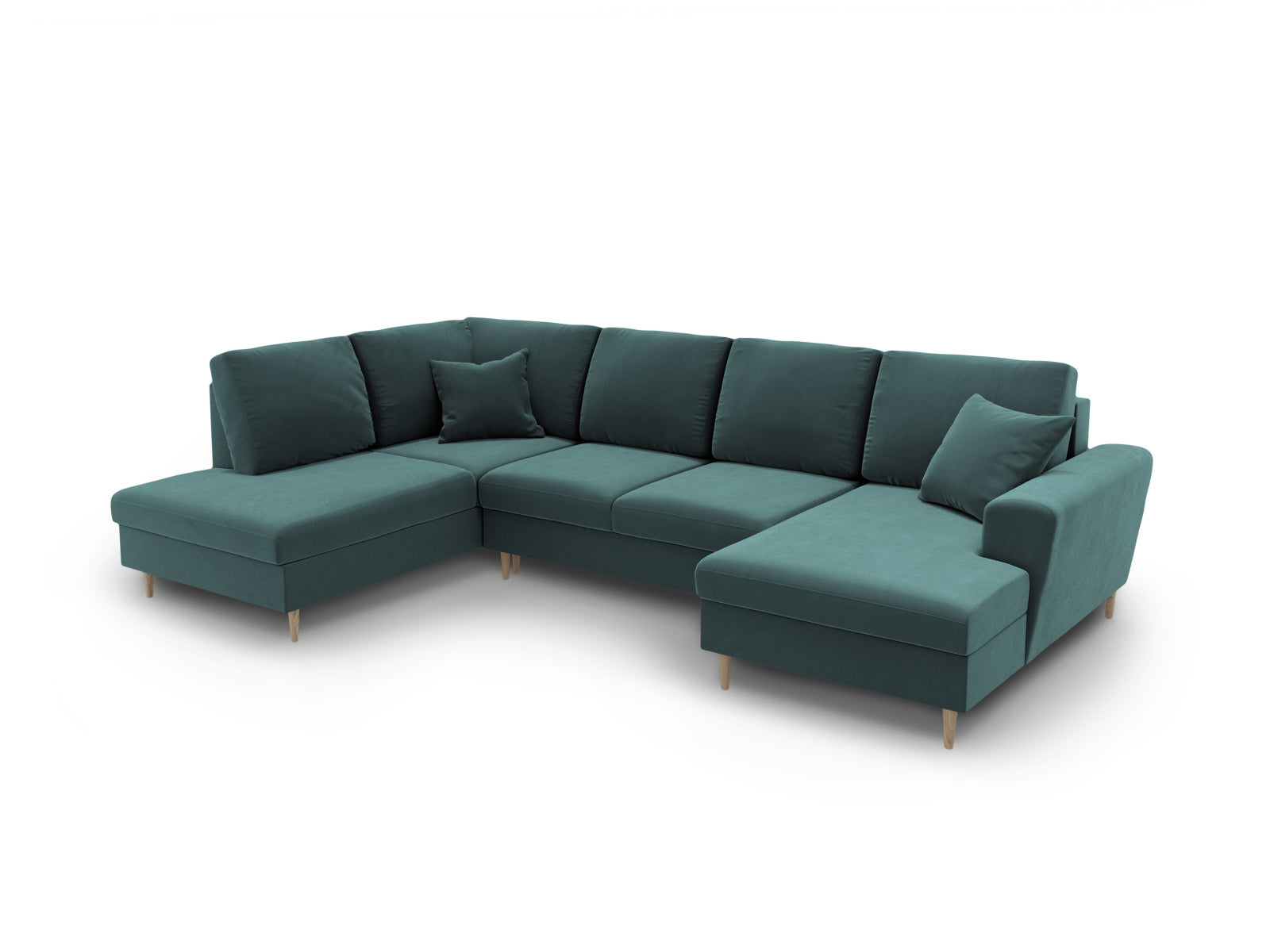 Elegantes Kyoto Velour Panoramic Sofa in Petrol-Riviera, 7-Sitzer mit cleverem Stauraum und gemütlicher Schlaffunktion für entspannte Nächte.