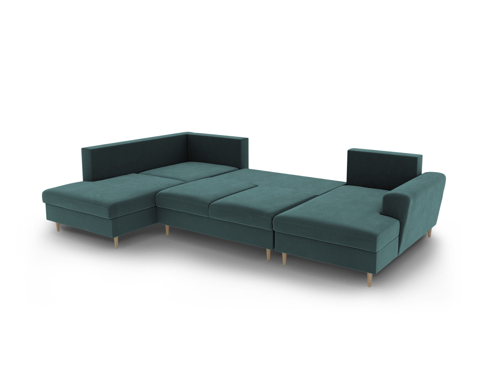 Stylisches Kyoto Velour Panoramic Sofa in Petrol-Riviera, 7-Sitzer mit praktischem Stauraum und komfortabler Schlaffunktion für Gäste.
