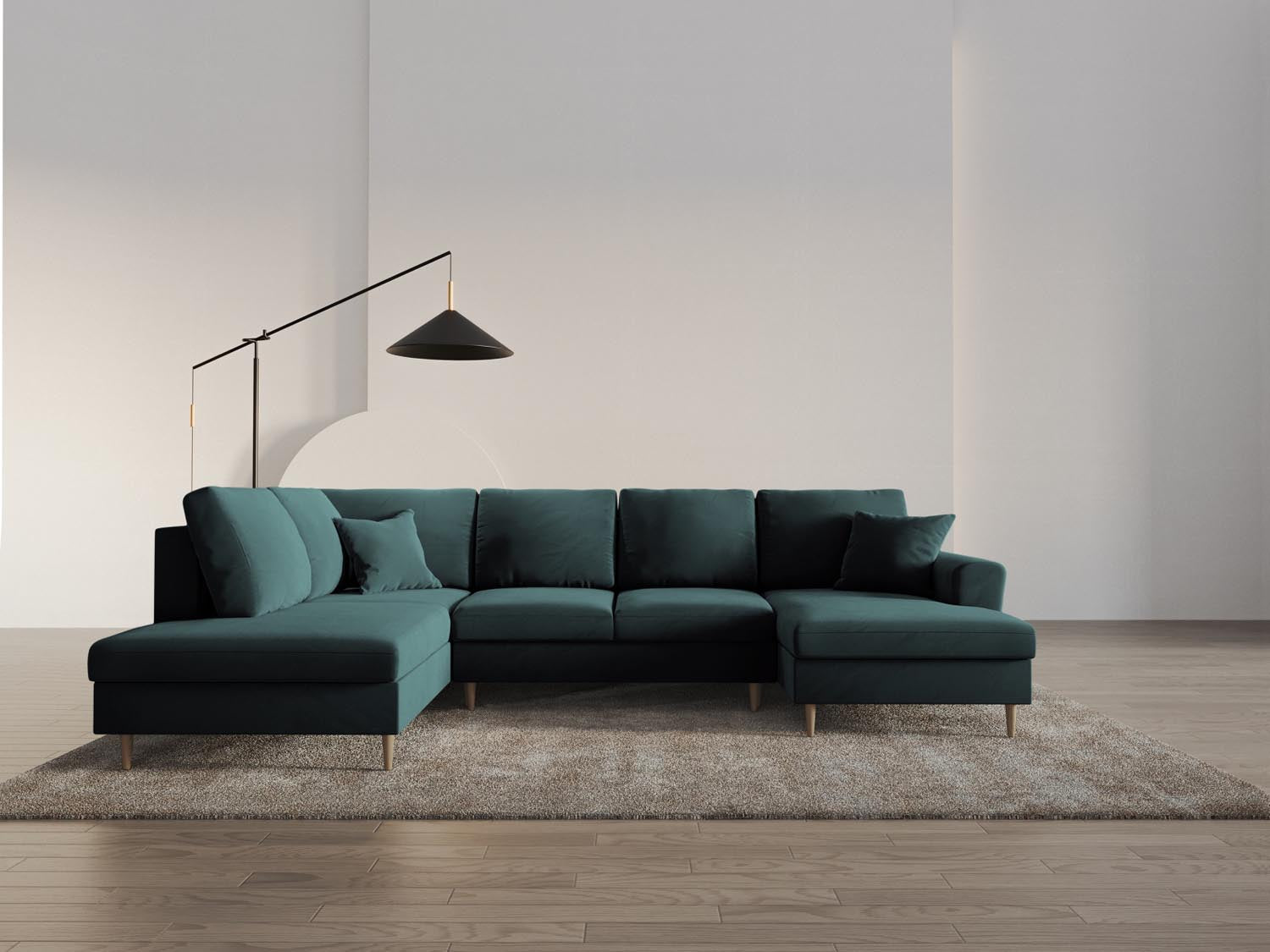 Stylisches Kyoto Velour Panoramic Sofa in Petrol-Riviera, 7-Sitzer mit praktischem Stauraum und komfortabler Schlaffunktion für Gäste.