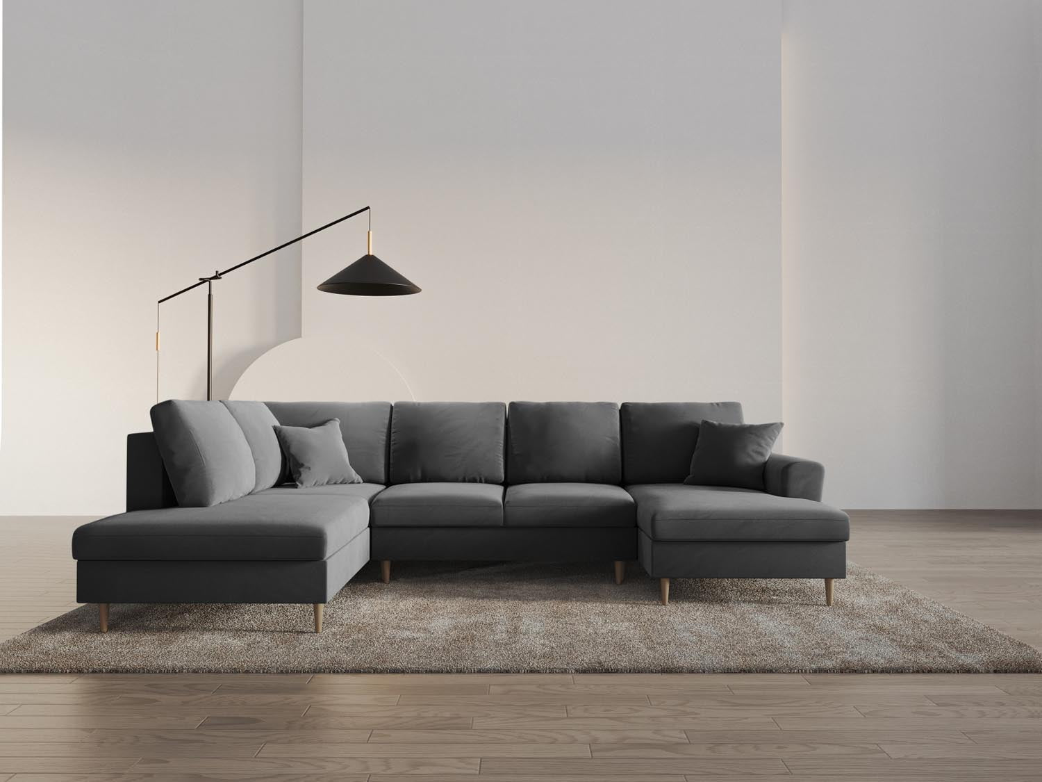 Elegantes 7-Sitzer Kyoto Velour Sofa mit Stauraum und Schlaffunktion, ideal für gemütliche Abende und Übernachtungen von Gästen.