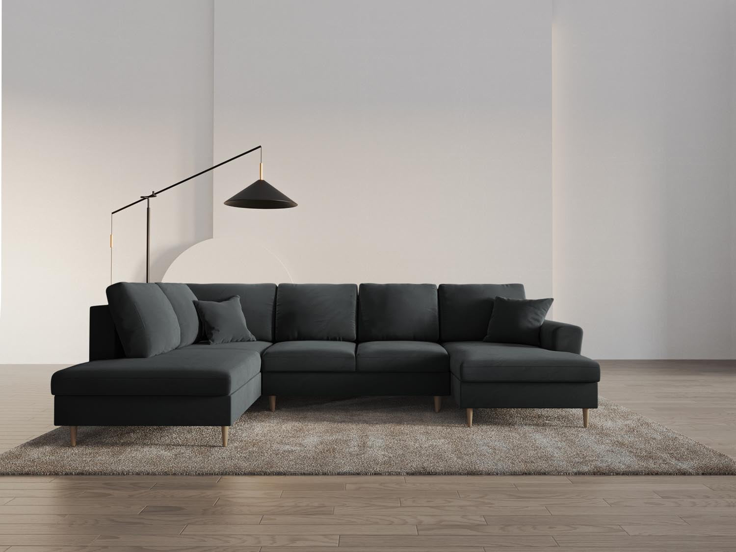 Stylisches 7-sitziges Kyoto Velour Sofa in Dunkelgrau, bietet praktischen Stauraum und eine bequeme Schlaffunktion für Gäste.