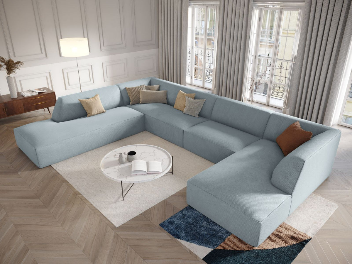 Cosmopolitan Design Siena Panorama-Ecksofa links, 7-Sitzer in Light Beige-Scala Cordstoff mit Massivholzrahmen und Kunststoffbeinen.