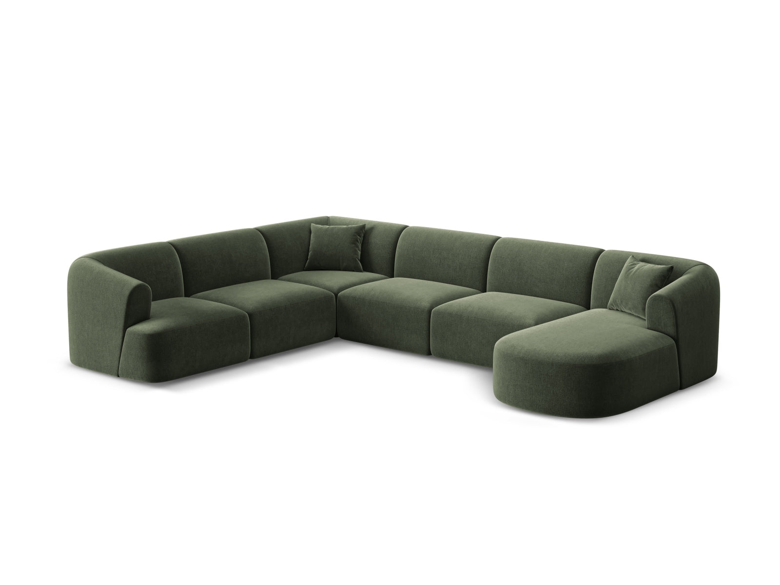 Stilvolles 7-Sitzer Ecksofa Panoramic links Campi in der Farbe Green-Vogue, ideal für moderne Wohnräume, präsentiert von KAQTU Design AG.