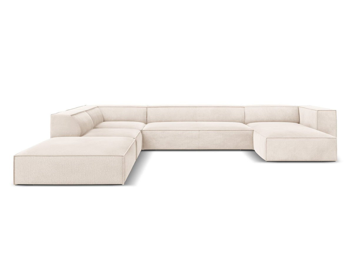 Panorama-Ecksofa links mit Chenille-Bezug in Light Beige-Rosario, Massivholzrahmen und Beinen aus Buchenholz, 6 Sitzplätze.