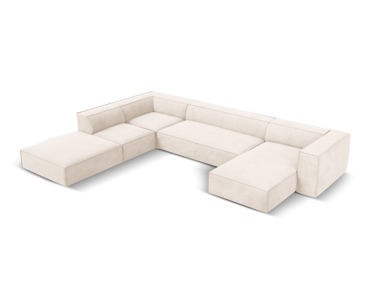 Panorama-Ecksofa links mit Chenille-Bezug in Light Beige-Rosario, Massivholzrahmen und Beinen aus Buchenholz, 6 Sitzplätze.