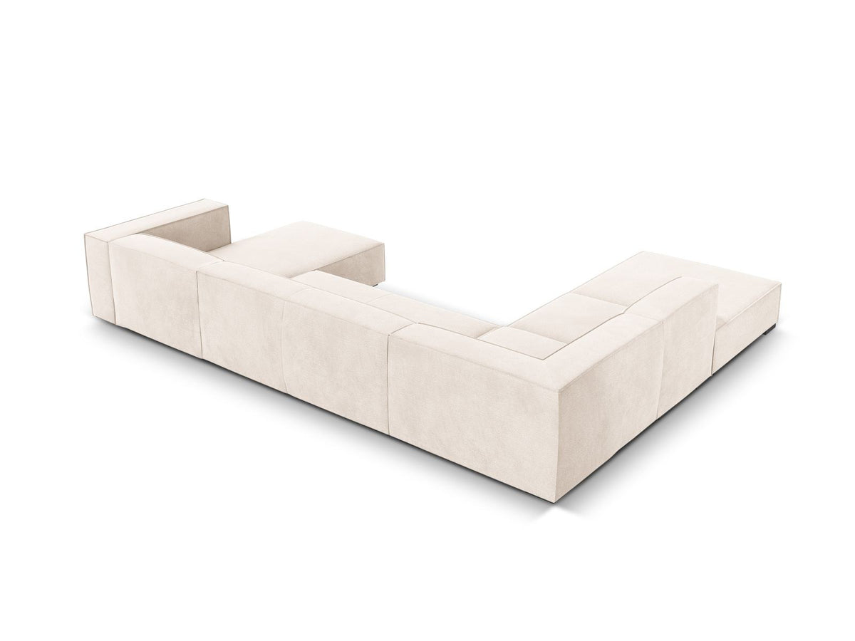 Panorama-Ecksofa links mit Chenille-Bezug in Light Beige-Rosario, Massivholzrahmen und Beinen aus Buchenholz, 6 Sitzplätze.