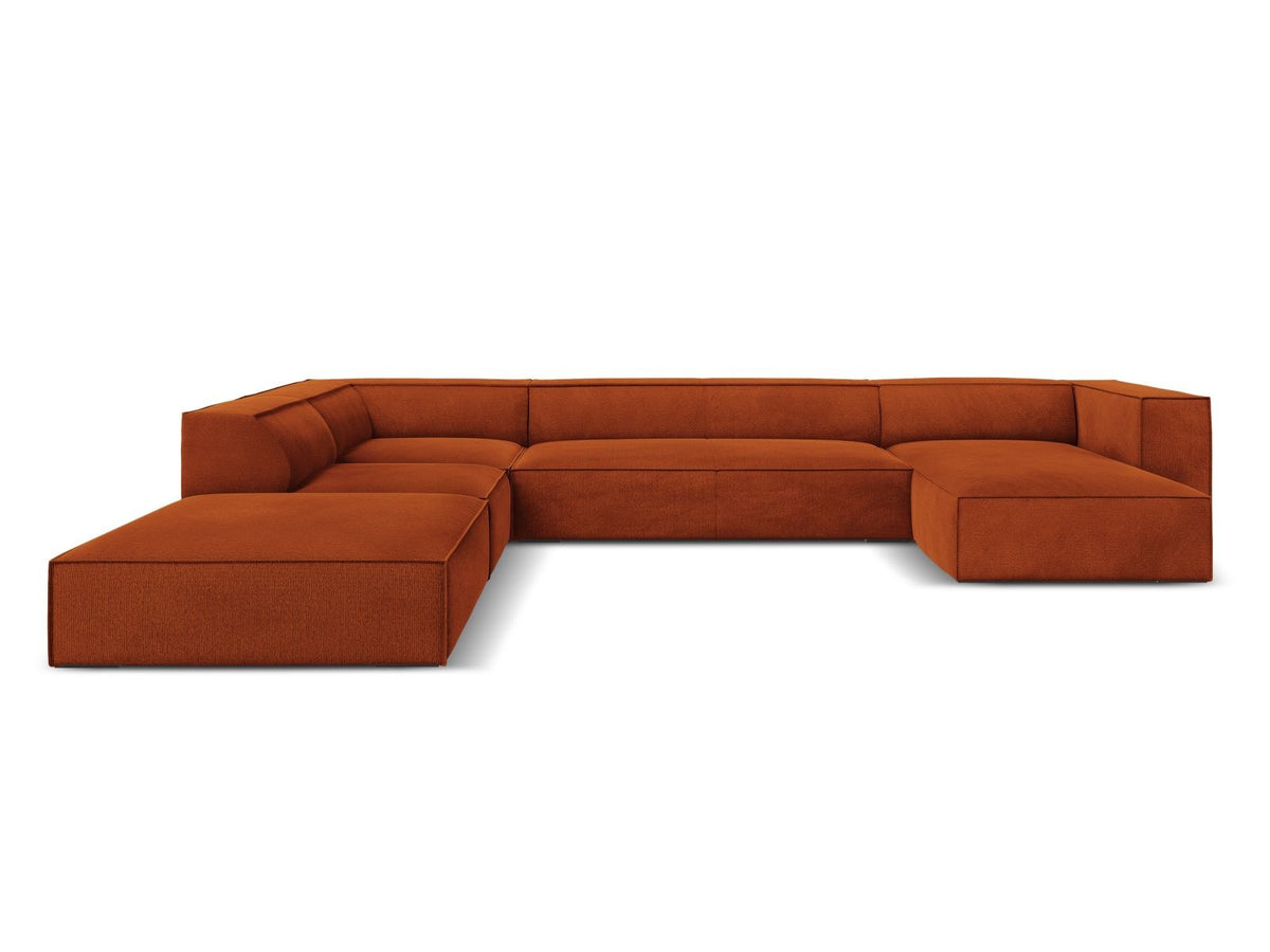Panorama-Ecksofa links mit Chenille-Bezug in Light Beige-Rosario, Massivholzrahmen und Beinen aus Buchenholz, 6 Sitzplätze.
