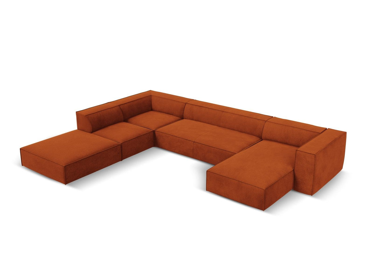 Panorama-Ecksofa links mit Chenille-Bezug in Light Beige-Rosario, Massivholzrahmen und Beinen aus Buchenholz, 6 Sitzplätze.