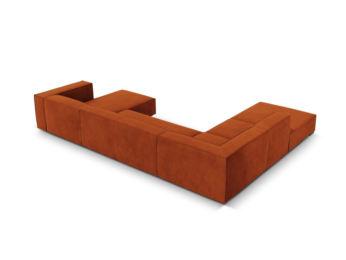 Panorama-Ecksofa links mit Chenille-Bezug in Light Beige-Rosario, Massivholzrahmen und Beinen aus Buchenholz, 6 Sitzplätze.