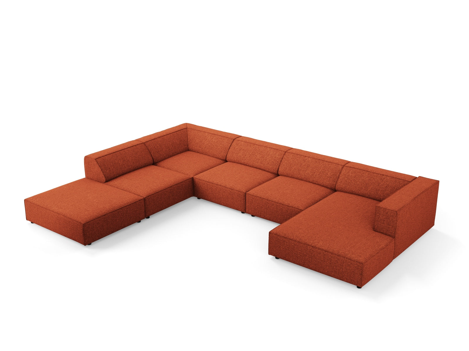 Elegantes 7-Sitzer Arendal Panoramic Ecksofa links in warmem Terracotta, perfekt für stilvolle Wohnzimmer von Cosmopolitan Design.