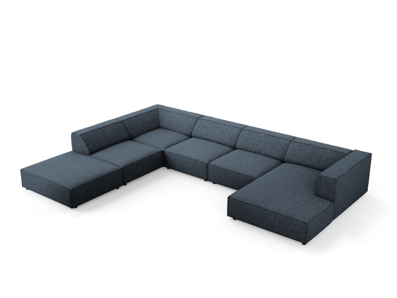 Modernes 7-Sitzer Arendal Panoramic Ecksofa links in Royal Blue-Haga, perfekt für gemütliche und stilvolle Wohnzimmergestaltung.