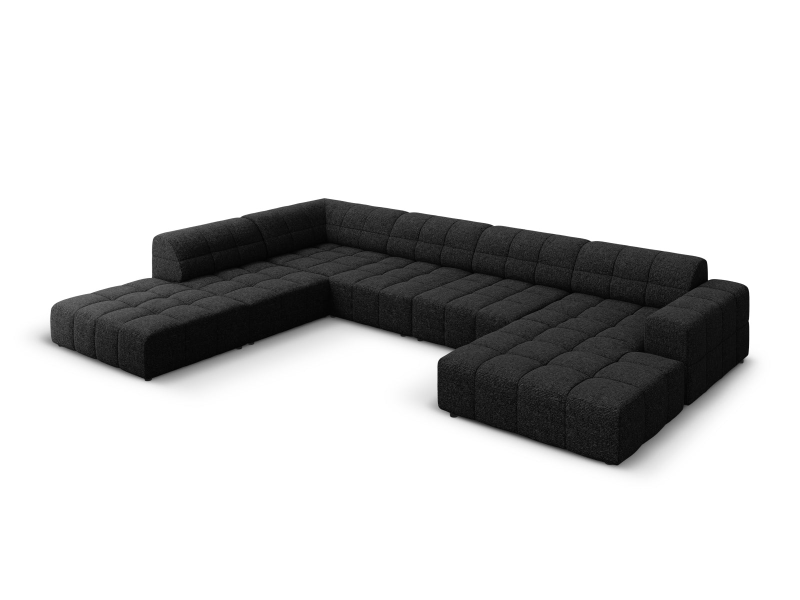 Stylisches Chicago Panoramic Ecksofa links, 7 Sitzer, 262 cm, in elegantem Schwarz-Haga, ideal für moderne Wohnräume.