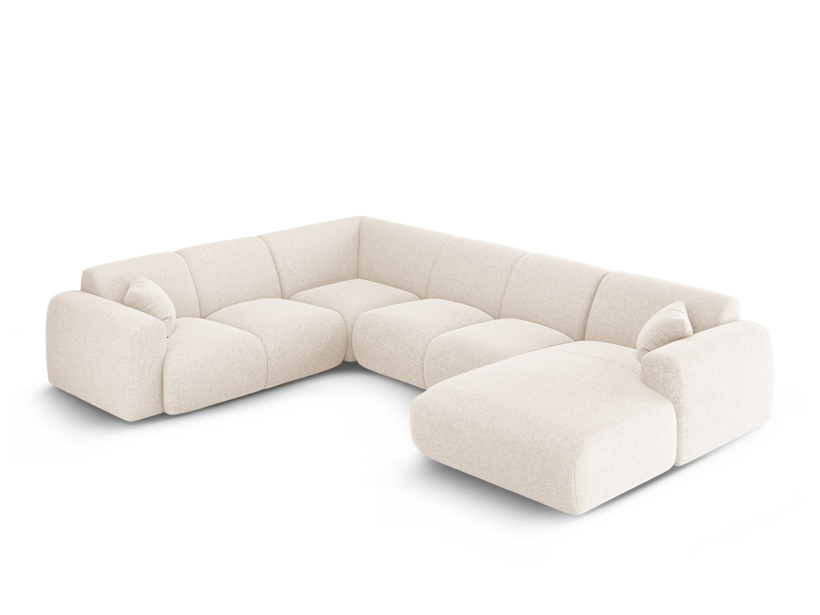 Modernes Nolio Panoramic Ecksofa links in sanftem Beige, perfekt für gesellige Abende und stilvolle Einrichtung, bietet Platz für 6 Personen.