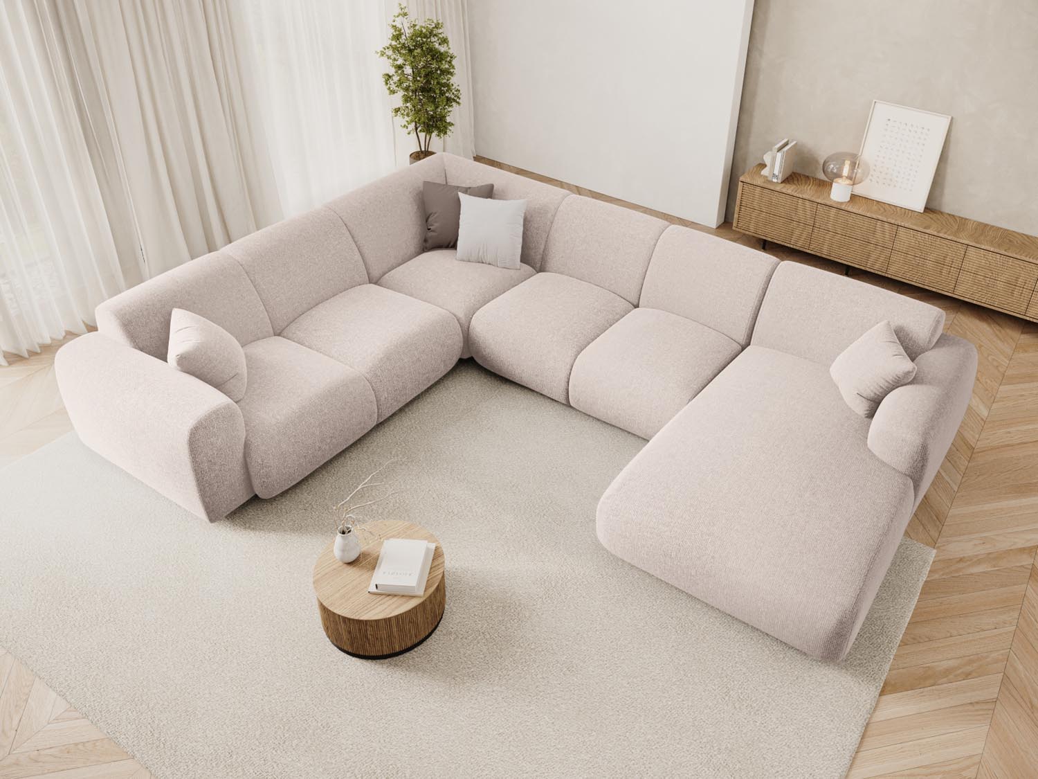 Beige Nolio Panoramic Ecksofa links, 6 Sitzer, 252 cm, stilvolles Design für modernen Wohnraum, präsentiert in einladender Atmosphäre.