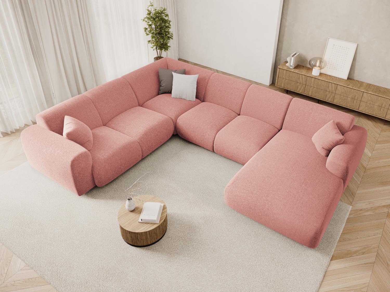 Stylisches Nolio Panoramic Ecksofa links in Pink-Haga, 6 Sitzer, 252 cm, ideal für moderne Wohnräume, präsentiert von Cosmopolitan Design.