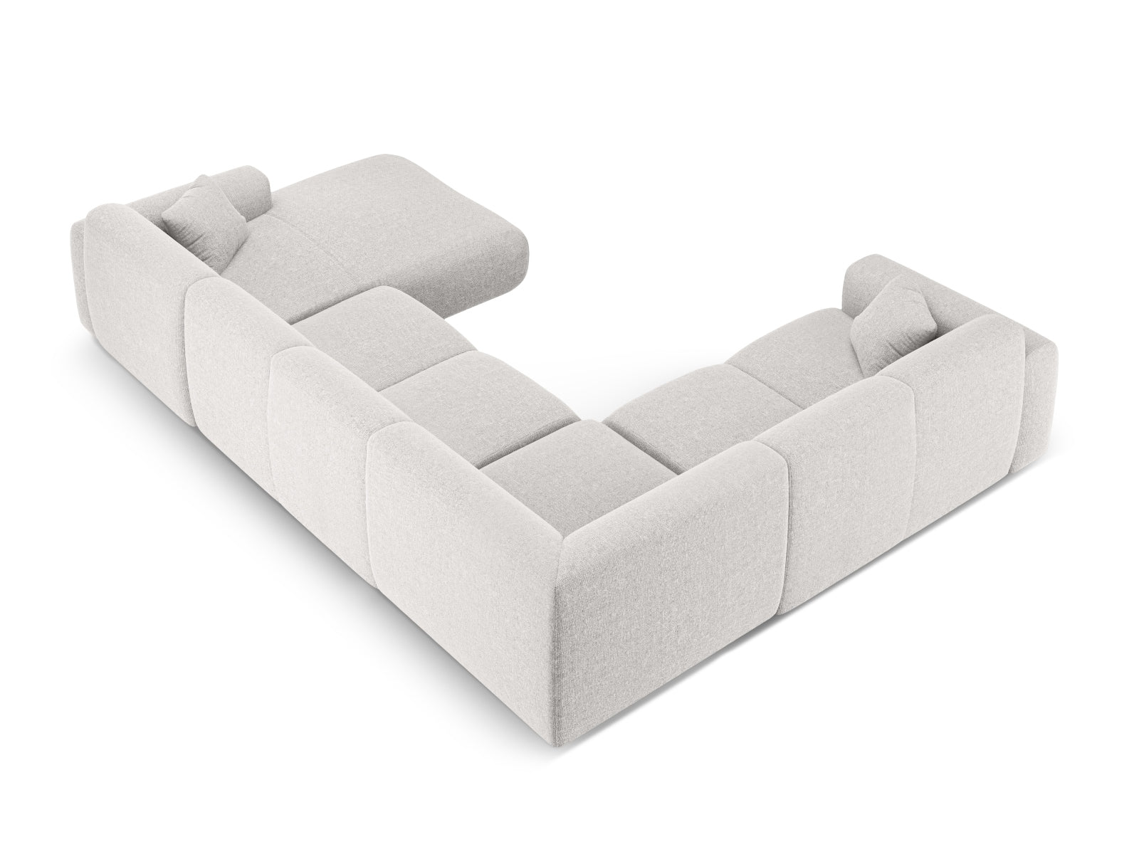 Modernes Nolio Panoramic Ecksofa links in stilvollem Grau, ideal für große Räume, bietet Platz für bis zu 6 Personen und vereint Komfort mit zeitgemäßem Design.
