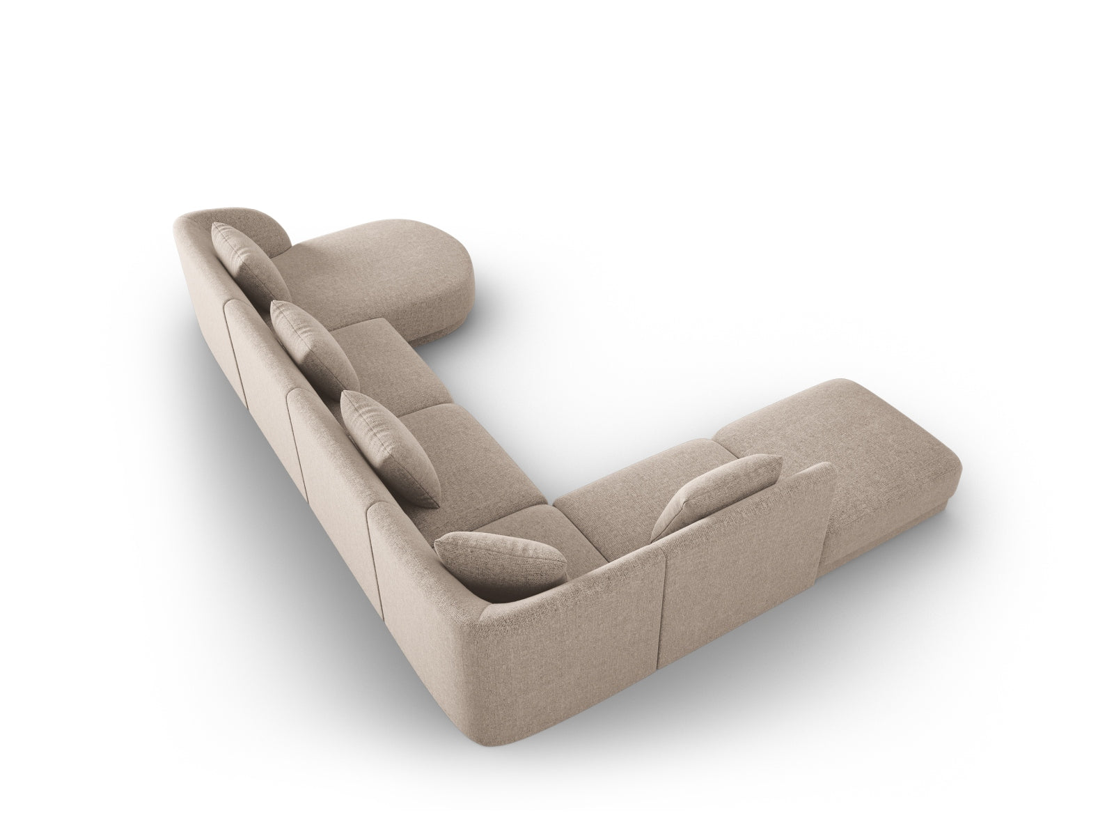 Beige Tulum Panoramic Ecksofa links, großzügiges 6-Sitzer-Design mit 255 cm, perfekt für stilvolle und einladende Wohnbereiche.