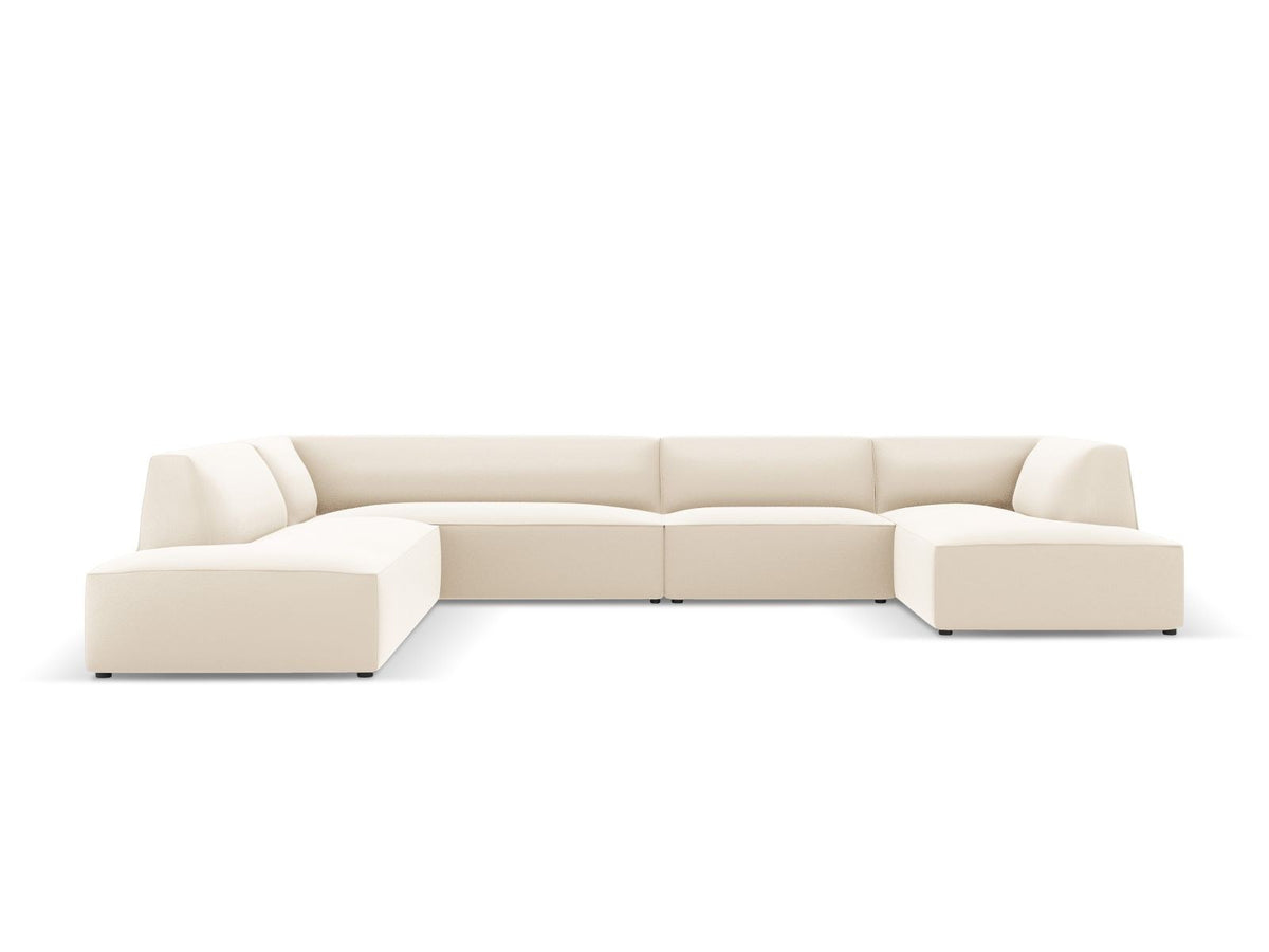 Panorama-Ecksofa links Siena in Light Beige-Pacifico Kunstleder mit Récamiere, Massivholzrahmen und schwarzen Kunststoffbeinen, 7-Sitzer Ausführung.