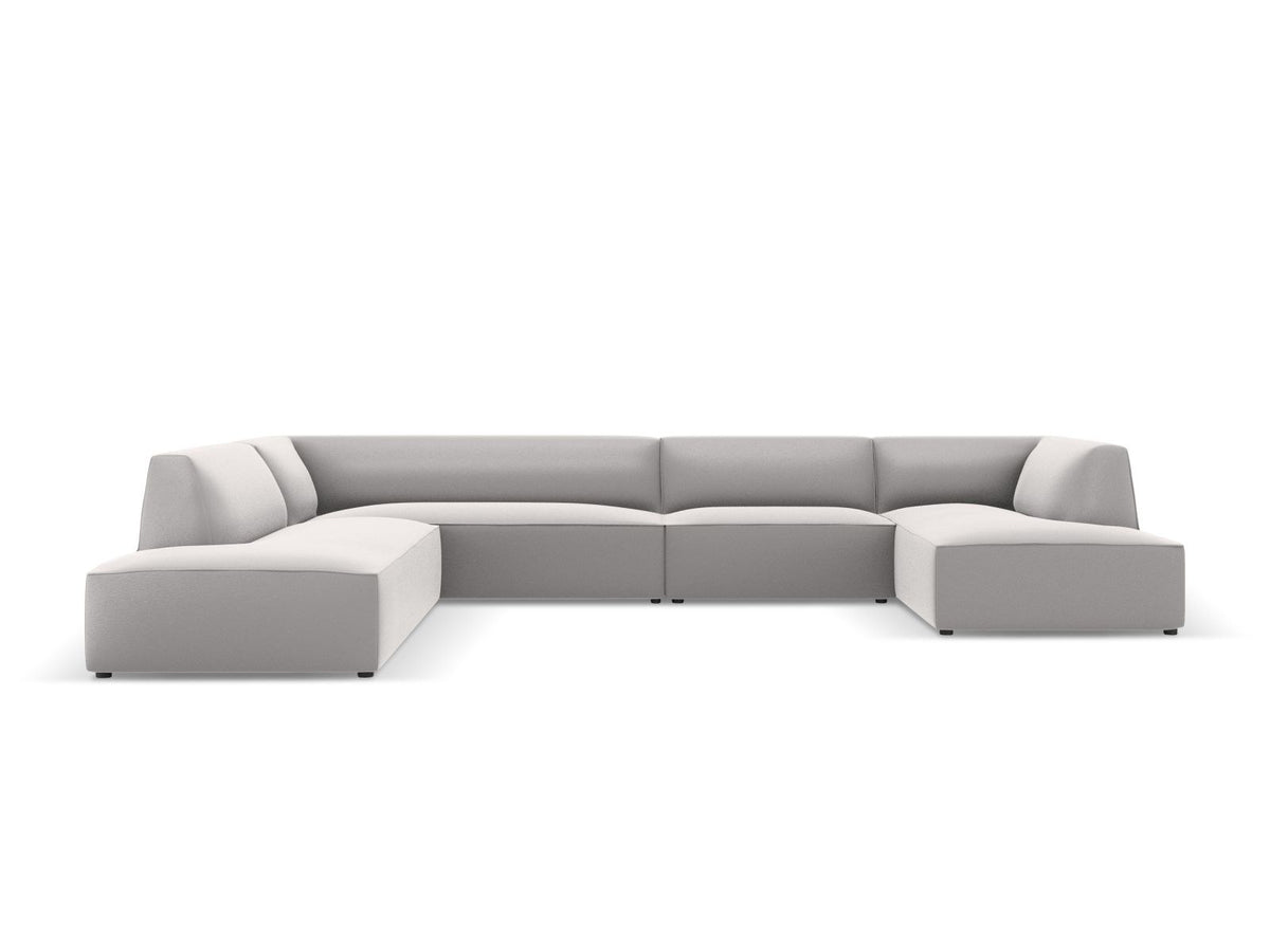 Panorama-Ecksofa links Siena in Light Beige-Pacifico Kunstleder mit Récamiere, Massivholzrahmen und schwarzen Kunststoffbeinen, 7-Sitzer Ausführung.