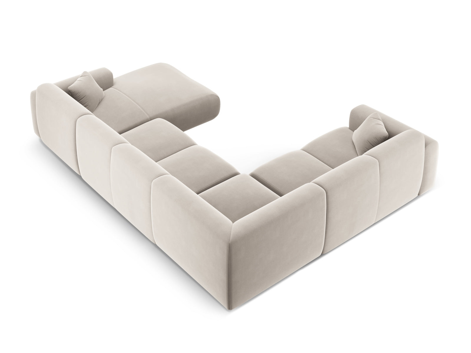 Elegantes Nolio Velour Panoramic Ecksofa links in hellem Beige, großzügig für 6 Personen, ideal für gemütliche Wohnzimmer.