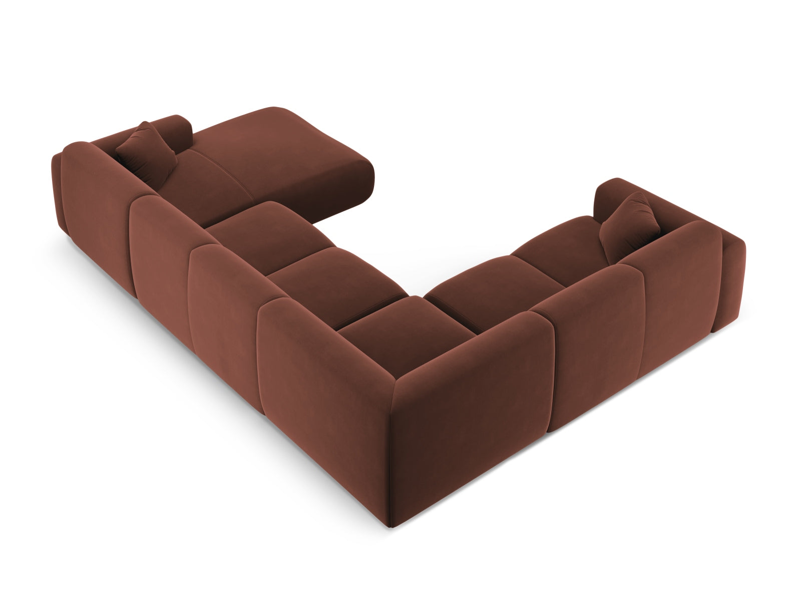 Elegantes Nolio Velour Panoramic Ecksofa links in Cuoio-Casino, ideal für gesellige Abende, bietet Platz für bis zu 6 Personen und misst 252 cm.