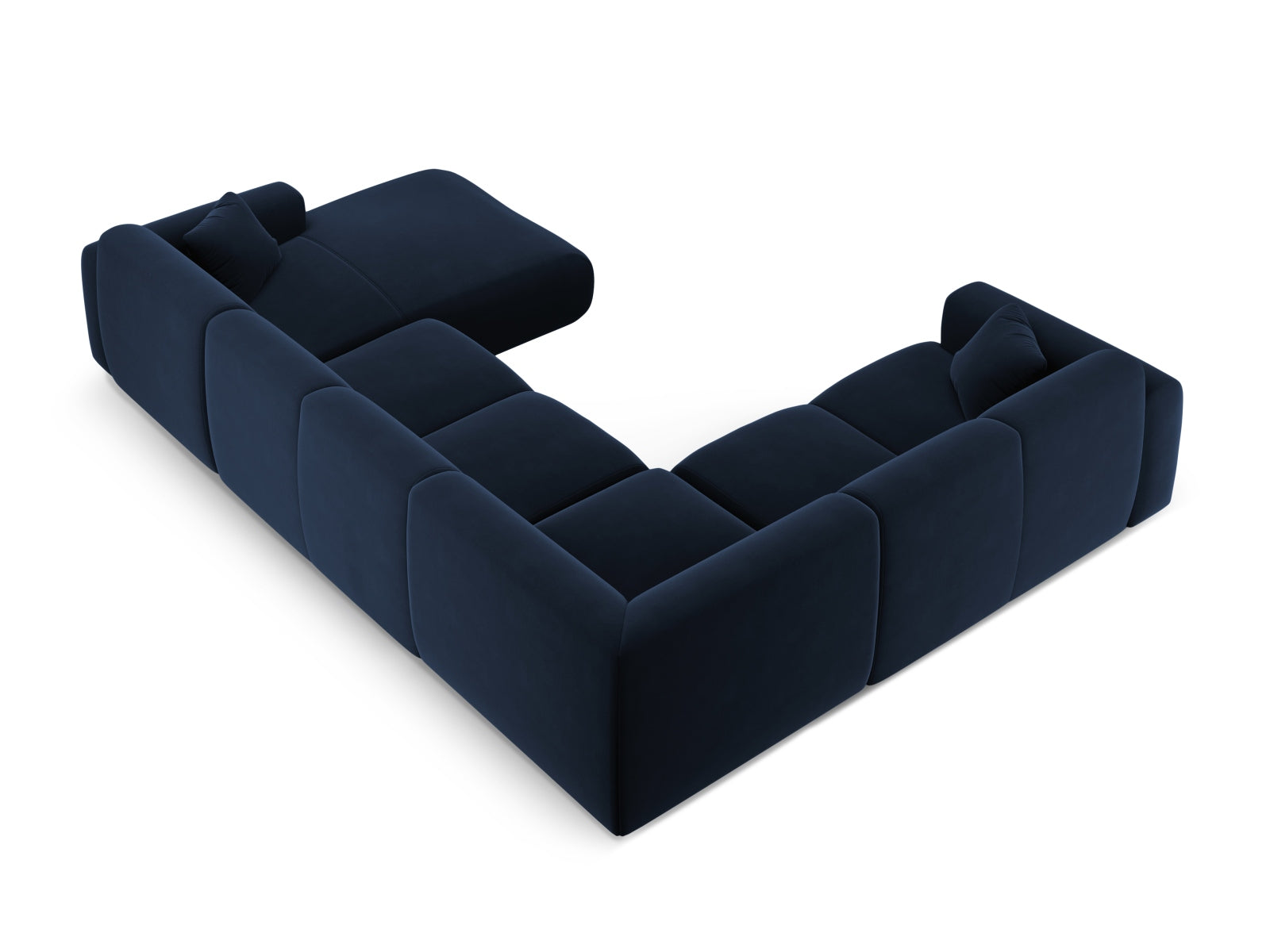 Elegantes Nolio Velour Panoramic Ecksofa links in Royal Blue, ideal für stilvolle Wohnräume, bietet Platz für bis zu 6 Personen.