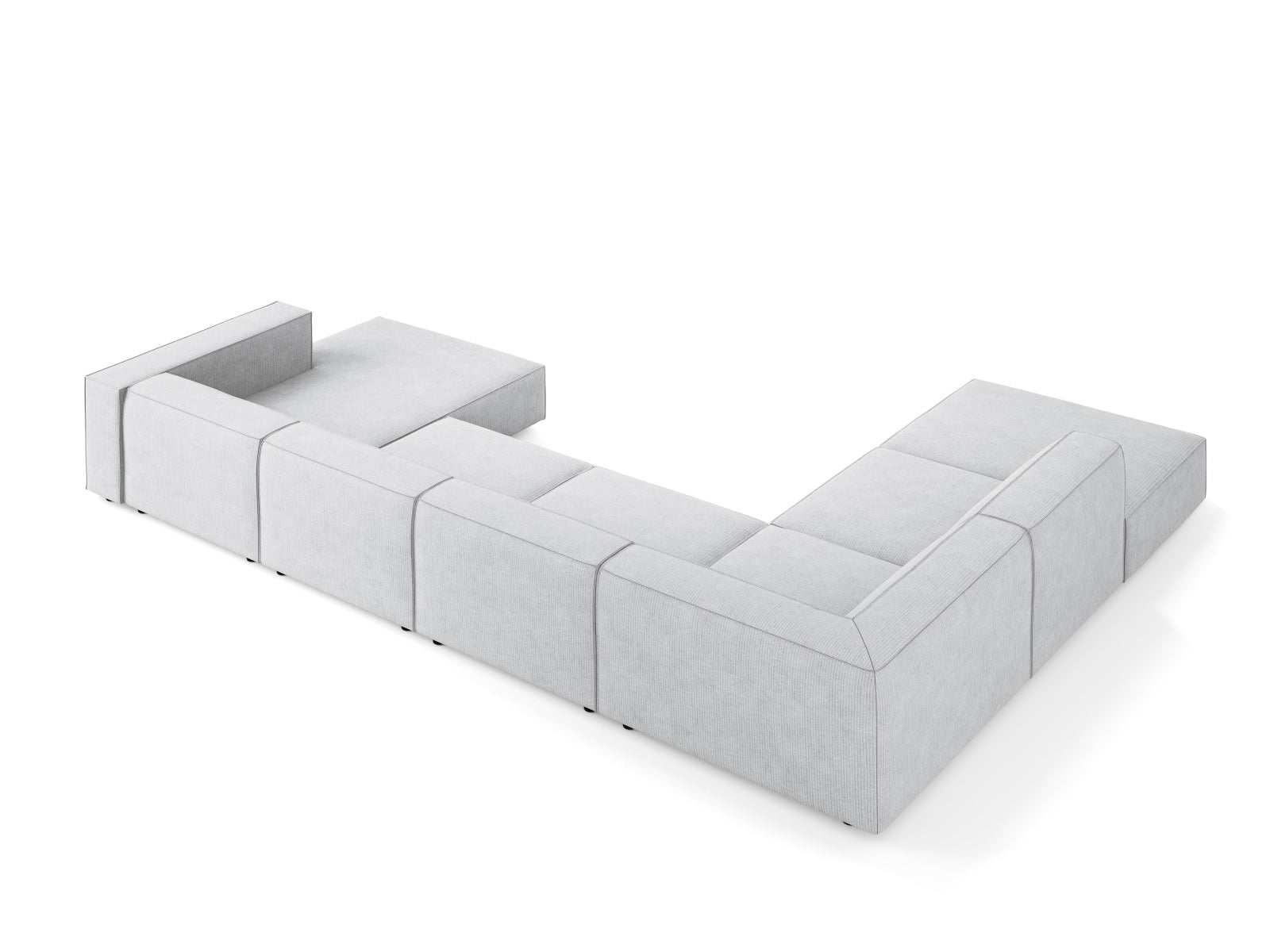 Elegantes 7-Sitzer Arendal Panoramic Ecksofa links in sanftem Grau, perfekt für stilvolle Wohnzimmer, von Cosmopolitan Design.