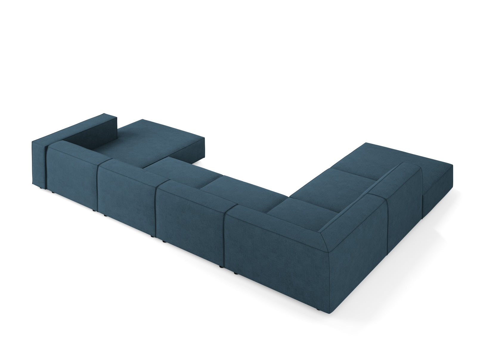 Modernes 7-Sitzer Ecksofa links Arendal Panoramic in tiefem Navy Blue, ideal für gemütliche Zusammenkünfte und stilvolle Einrichtung.