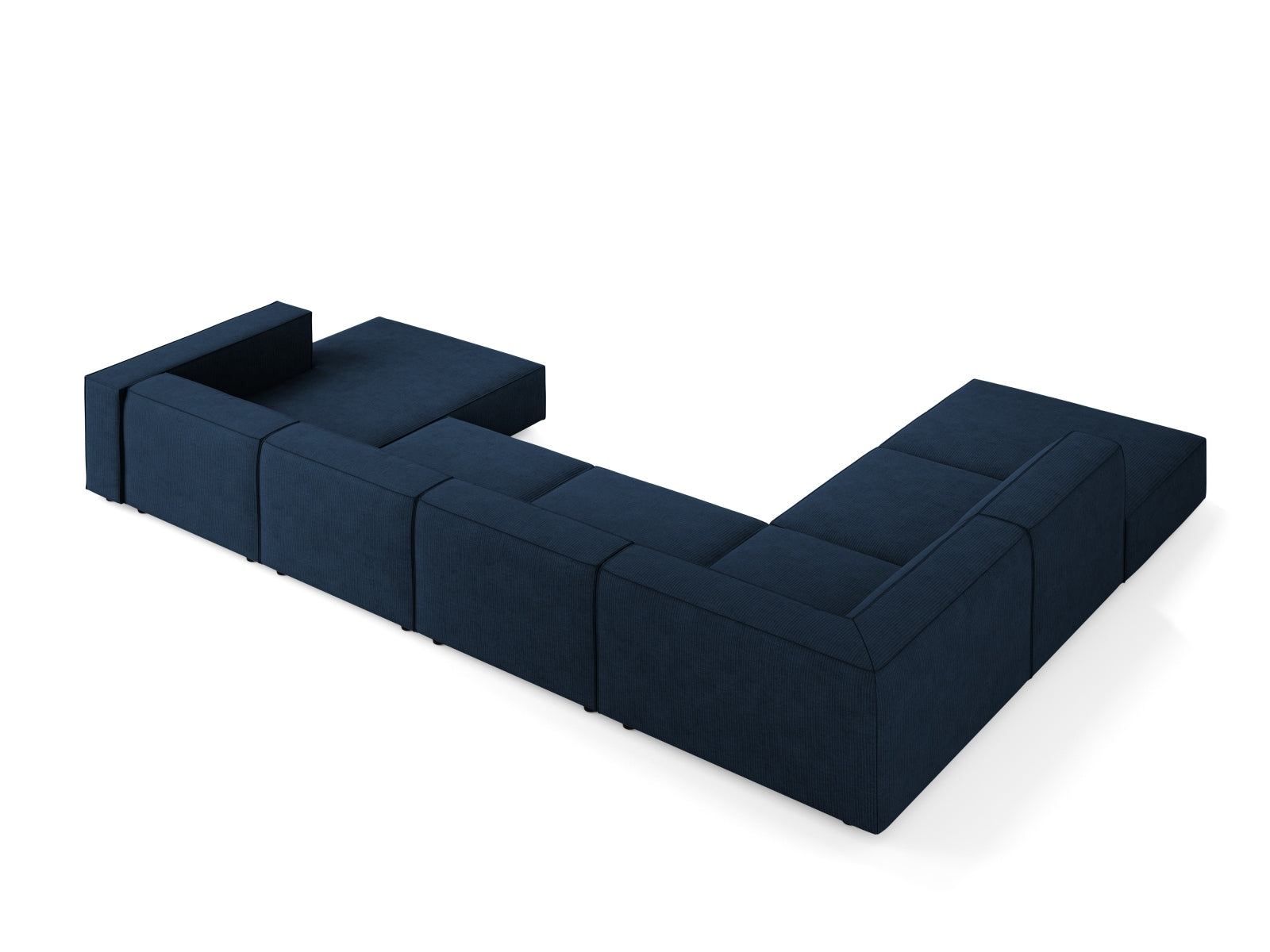 Modernes 7-Sitzer Ecksofa Arendal Panoramic links in Royal Blue, perfekt für gemütliche und stilvolle Wohnzimmergestaltung.