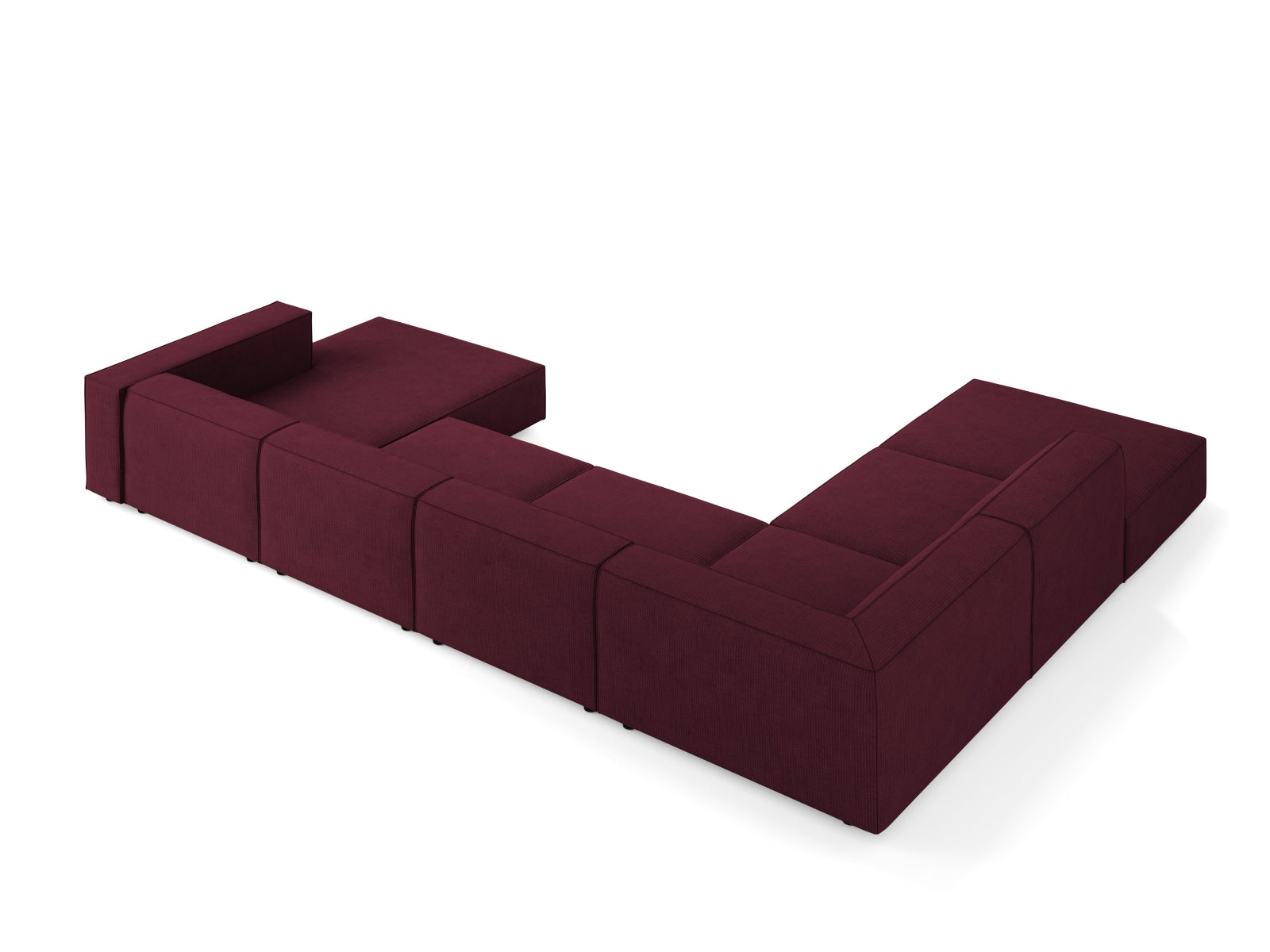 Modernes 7-Sitzer Arendal Panoramic Ecksofa links in Ruby-Brave Me, perfekt für gemütliche und stilvolle Wohnzimmergestaltung.