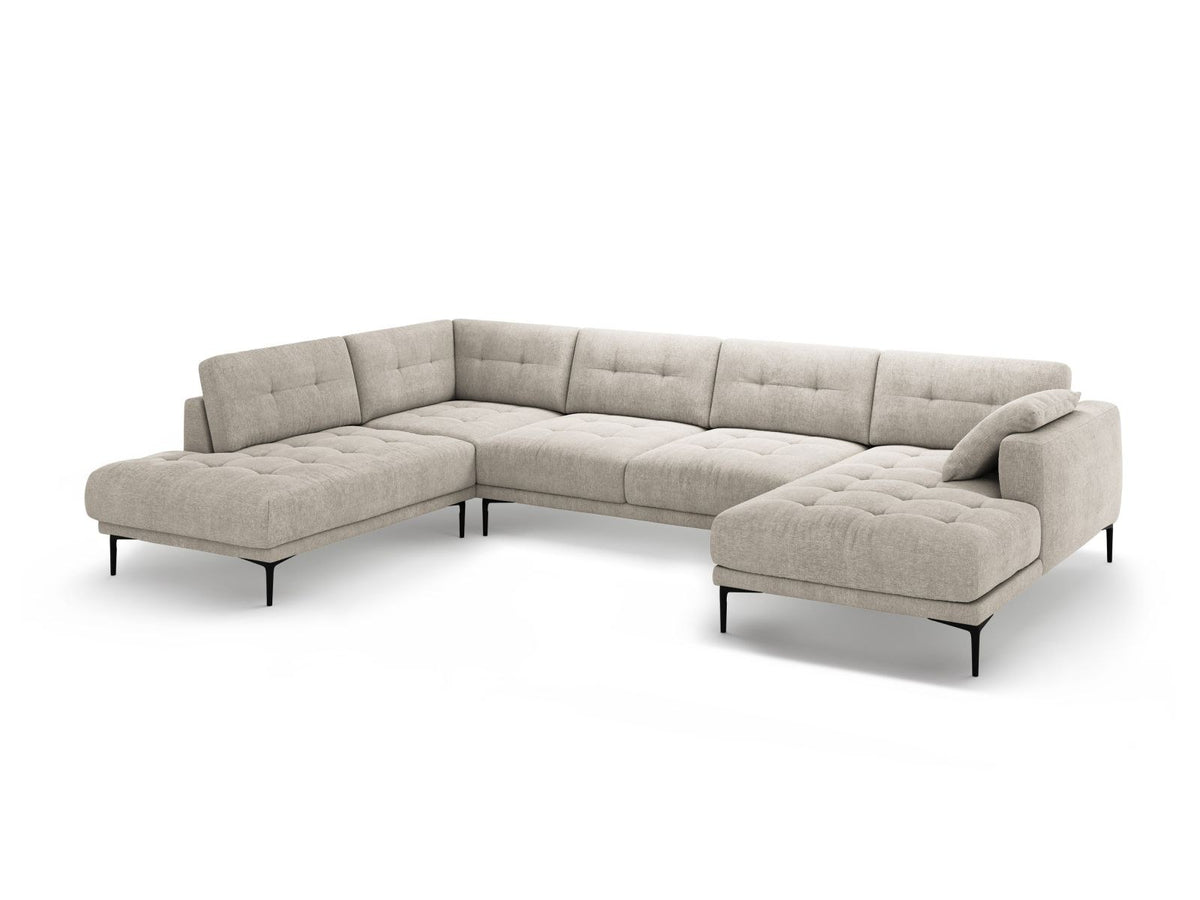 Lazio Panorama-Ecksofa Links in Beige-Sorella, Strukturstoff mit Tweed-Optik, Massivholzrahmen und schwarze Metallbeine, 7-Sitzer-Ecksofa.