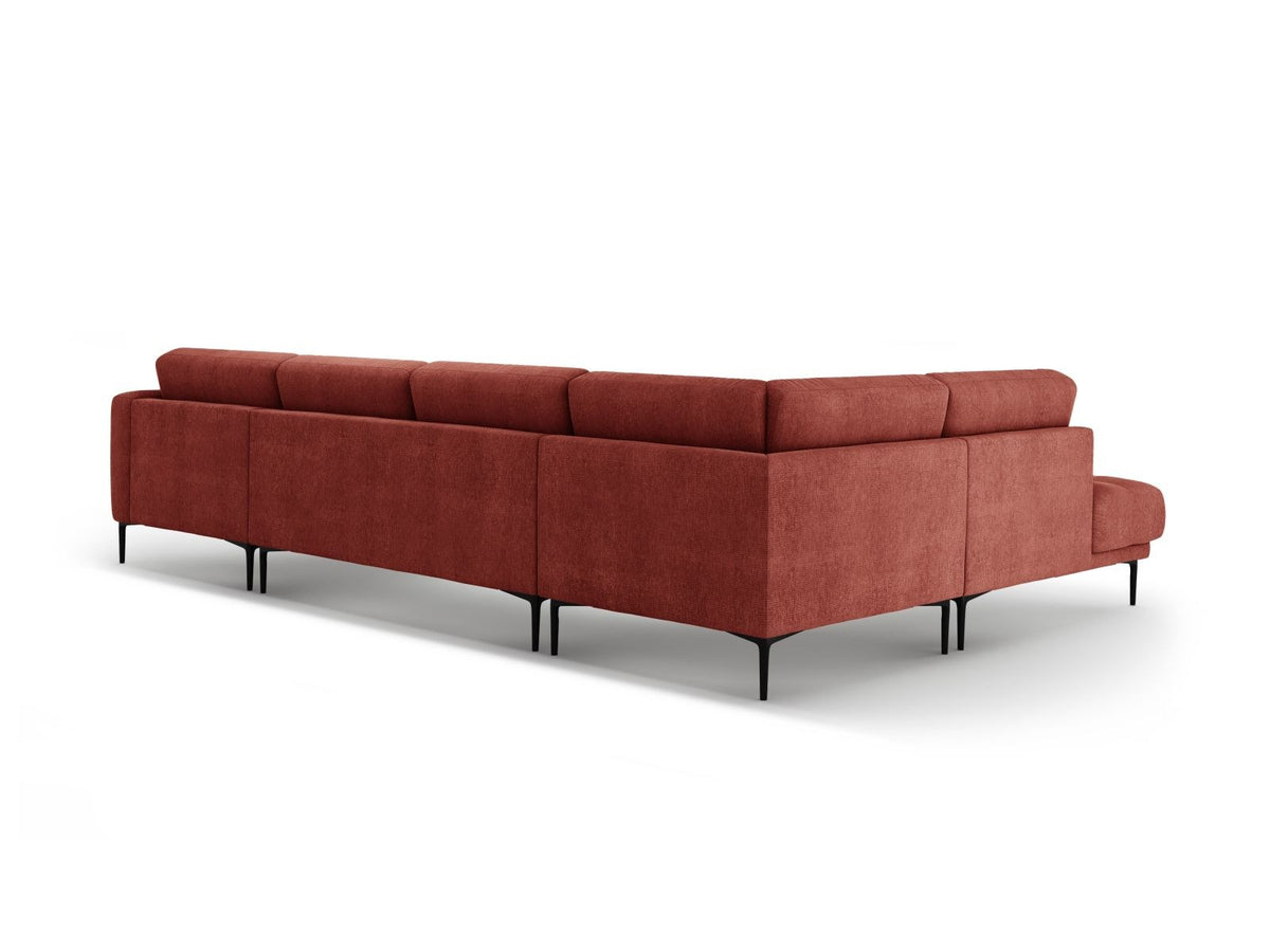 Lazio Panorama-Ecksofa Links in Beige-Sorella, Strukturstoff mit Tweed-Optik, Massivholzrahmen und schwarze Metallbeine, 7-Sitzer-Ecksofa.