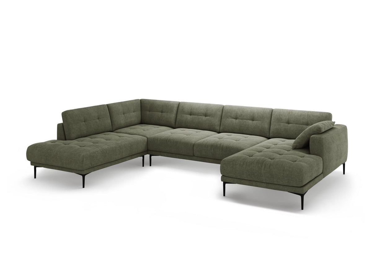 Lazio Panorama-Ecksofa Links in Beige-Sorella, Strukturstoff mit Tweed-Optik, Massivholzrahmen und schwarze Metallbeine, 7-Sitzer-Ecksofa.