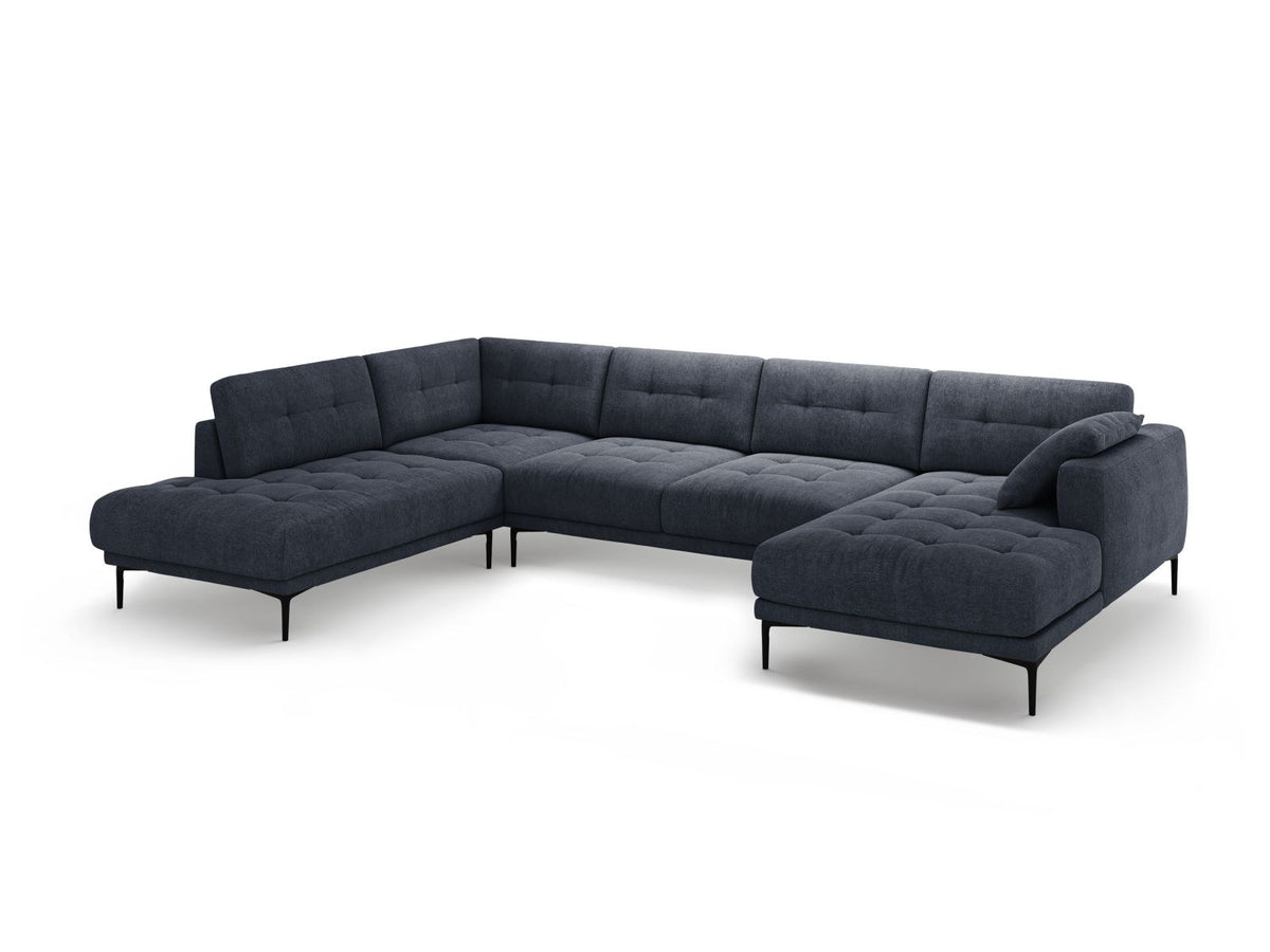Lazio Panorama-Ecksofa Links in Beige-Sorella, Strukturstoff mit Tweed-Optik, Massivholzrahmen und schwarze Metallbeine, 7-Sitzer-Ecksofa.
